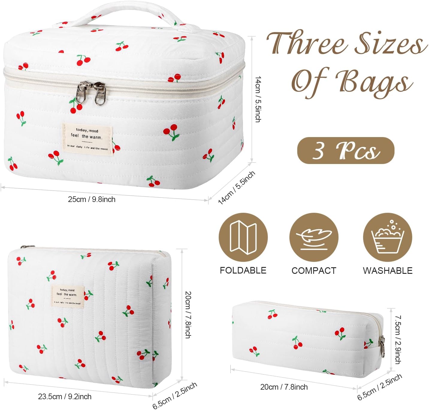 3Pcs Cotton Quilted Makeup Bag for Women Girls, Large Floral Cosmetic Bag Set Cute Makeup Brushes Aesthetic Accessories Storage Bag Cherry Travel Toiletry Bag Organizer