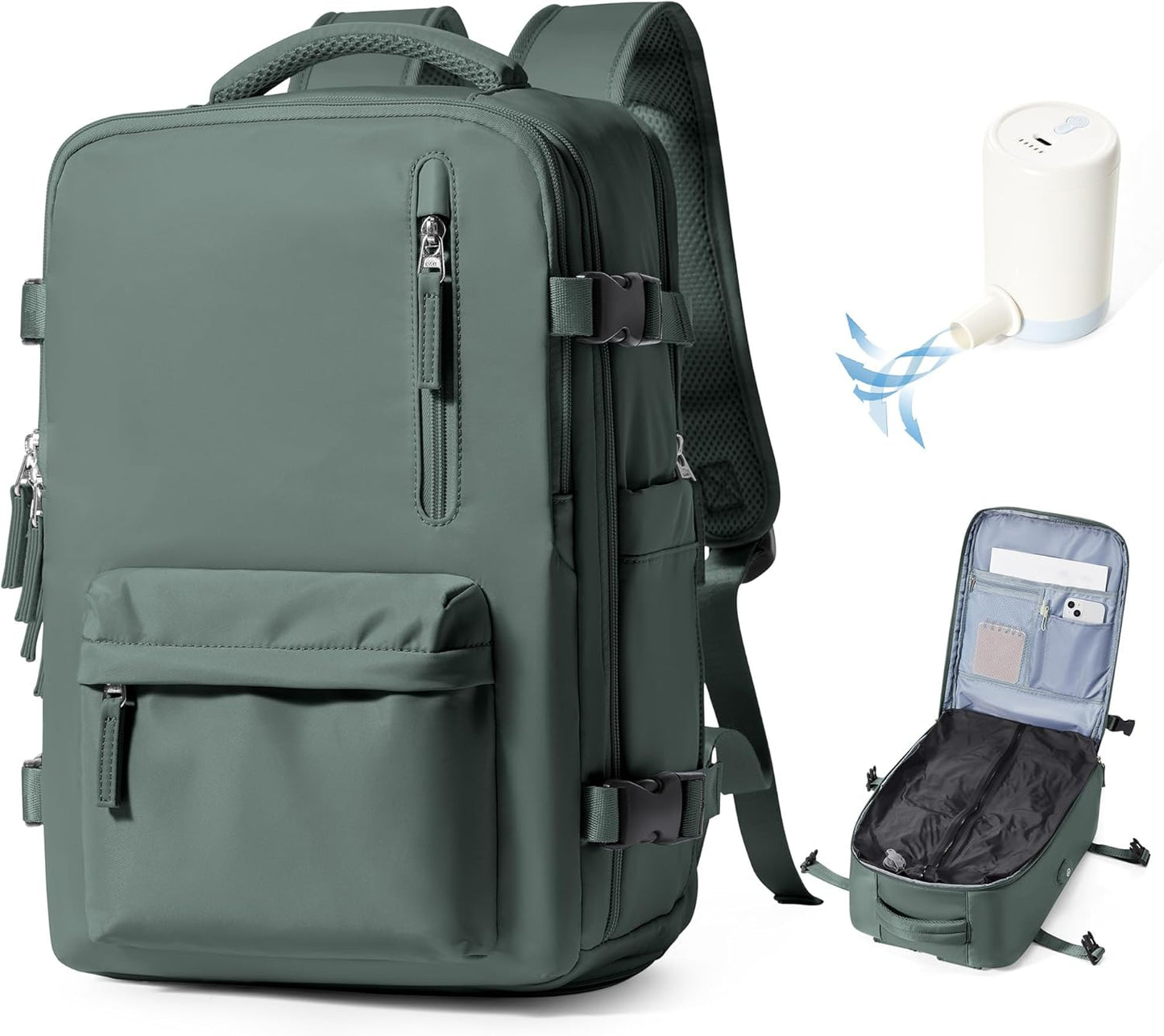 Vacuum Backpack Travel with Pump,Vacuum Seal Backpack Travel,Flight Approved 18x14x8, Work Business Vacpack Laptop Backpack for Women Men,Army Green