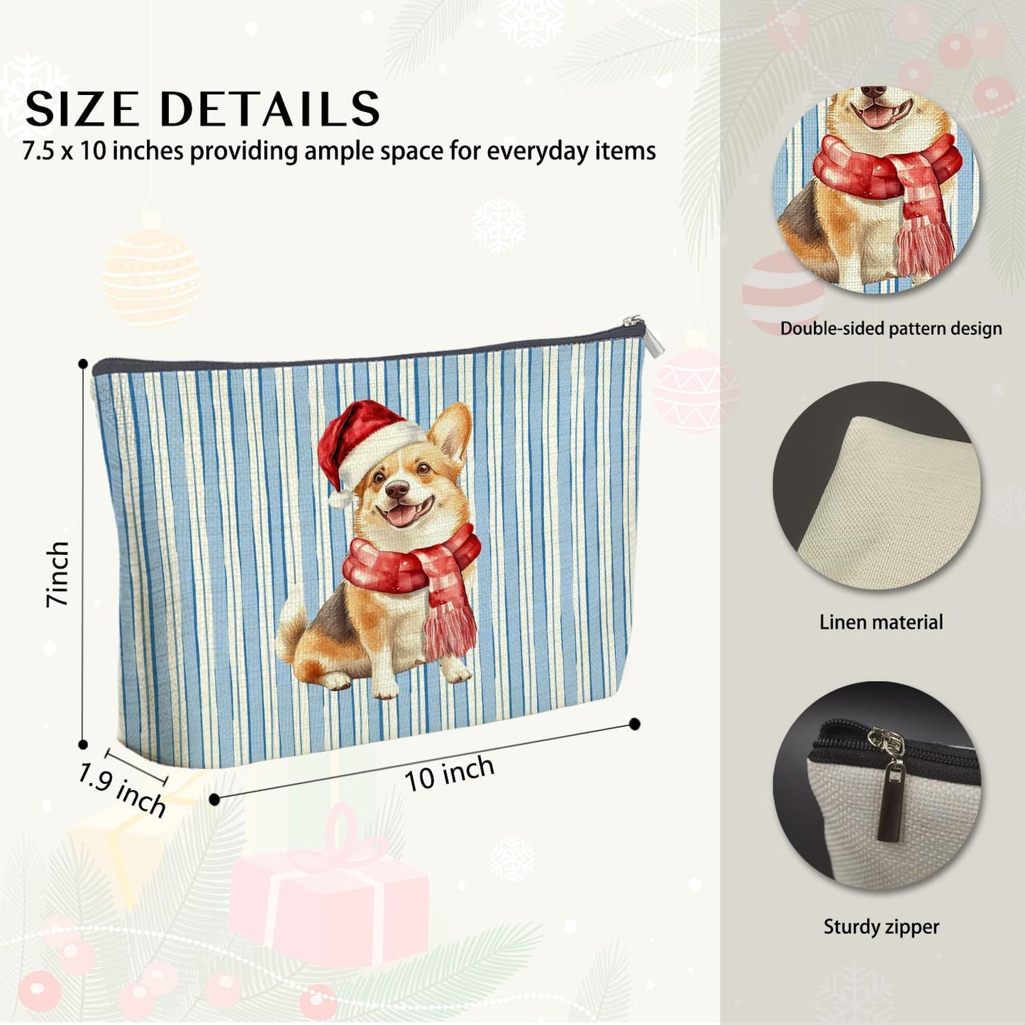 Christmas Corgi Makeup Bag Gifts for Women, Christmas Santa Hat Corgi Cosmetic Bag, Xmas Dog Blue Striped Winter Holiday Zipper Makeup Pouch Travel Toiletry Bag
