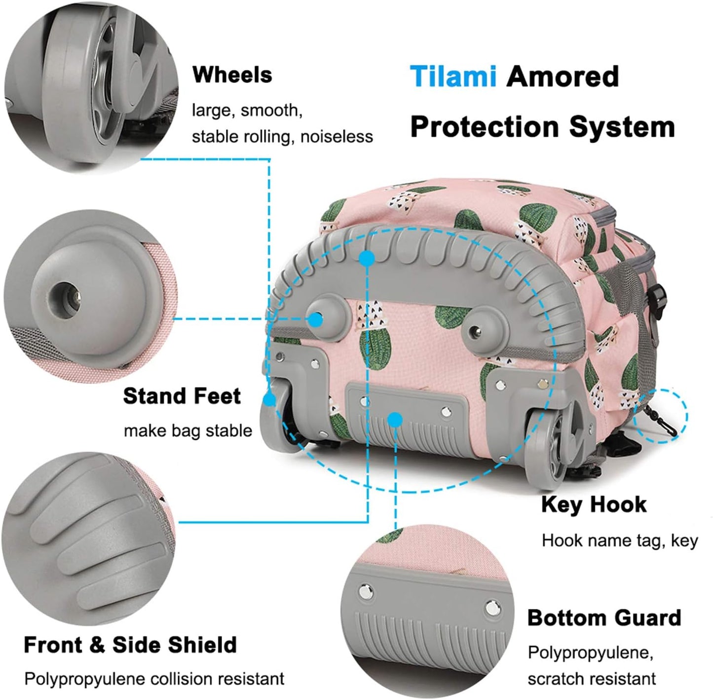 Tilami Rolling Backpack 18 inch Wheeled Backpack School College Student Travel Trip Boys and Girls