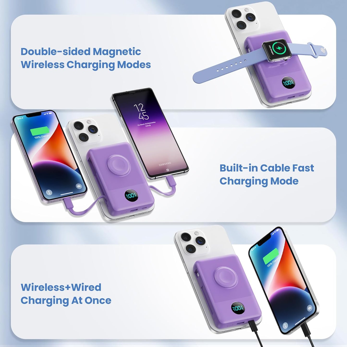 Magnetic Portable Charger for iPhone with Built-in Cables,6-in-1 10800mAh Power Bank with iWatch Charger & LCD Display,25W Fast Charging Battery Pack for iPhone 17/16/15/14/13/12,Apple Watch (Purple)