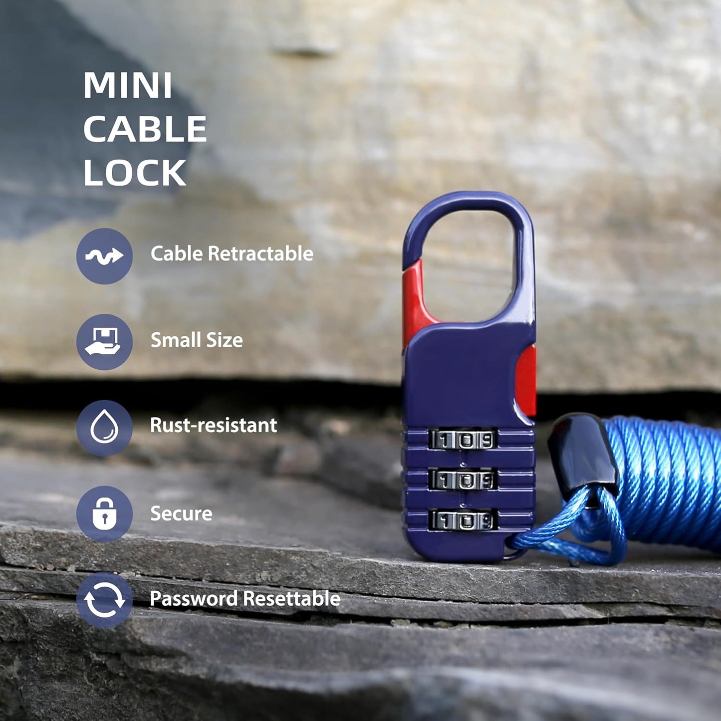 Thin Cable Locks with Combination, Small Bike Lock with Retractable Cable & Combo Padlock, for Travel Luggage, Suitcases, Backpack, Bags, Bicycle, Scooter, Motorcycle Helmet Anti Theft