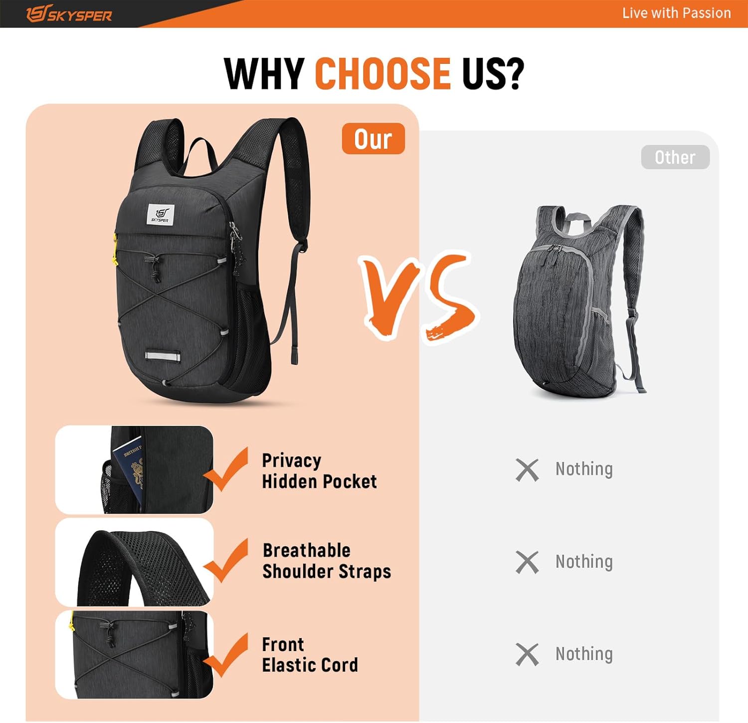 SKYSPER Foldable Hiking Backpack - 10L Small Lightweight Daypack Breathable Travel Backpacks for