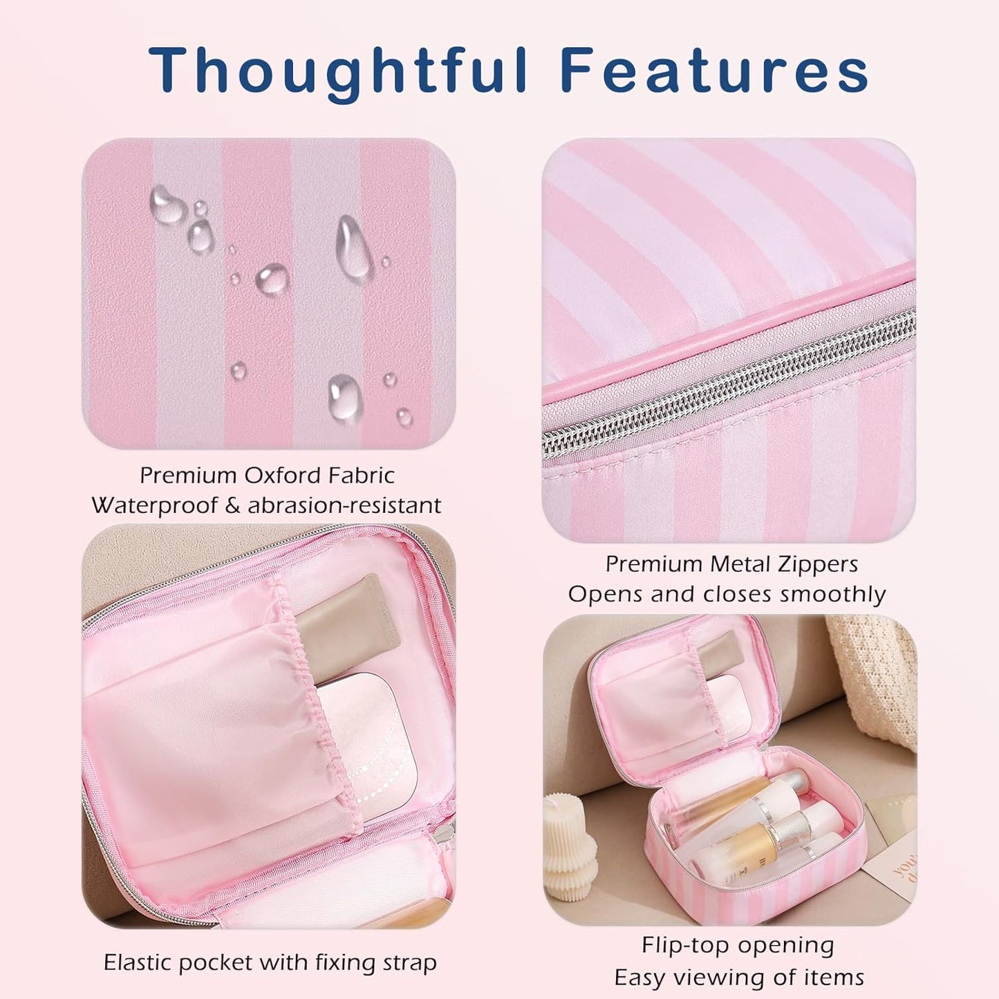 uekeboag Pink Stripe Nylon Travel Makeup Organizer Bag,Top Open Large Capacity Cosmetic Bags,Toiletries Accessories Coquette Bag for Women Girls(04Simple Top Open)