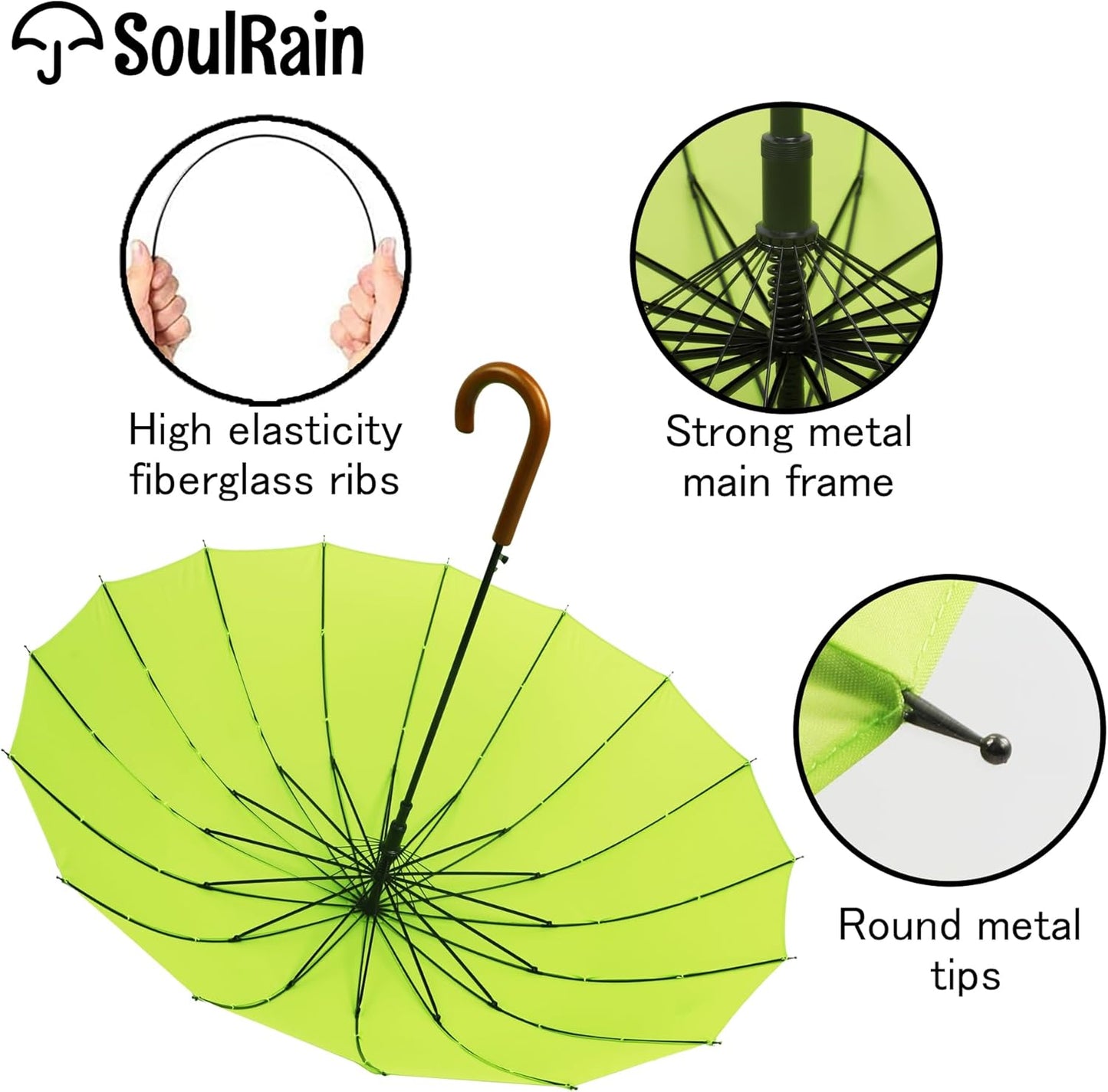 SoulRain 16 Ribs 48" Stick Umbrella Auto Open Solid Color Fashionable and Simple，Arc Classic Wood Handle，Windproof Unbreakable Stick Rain Umbrella
