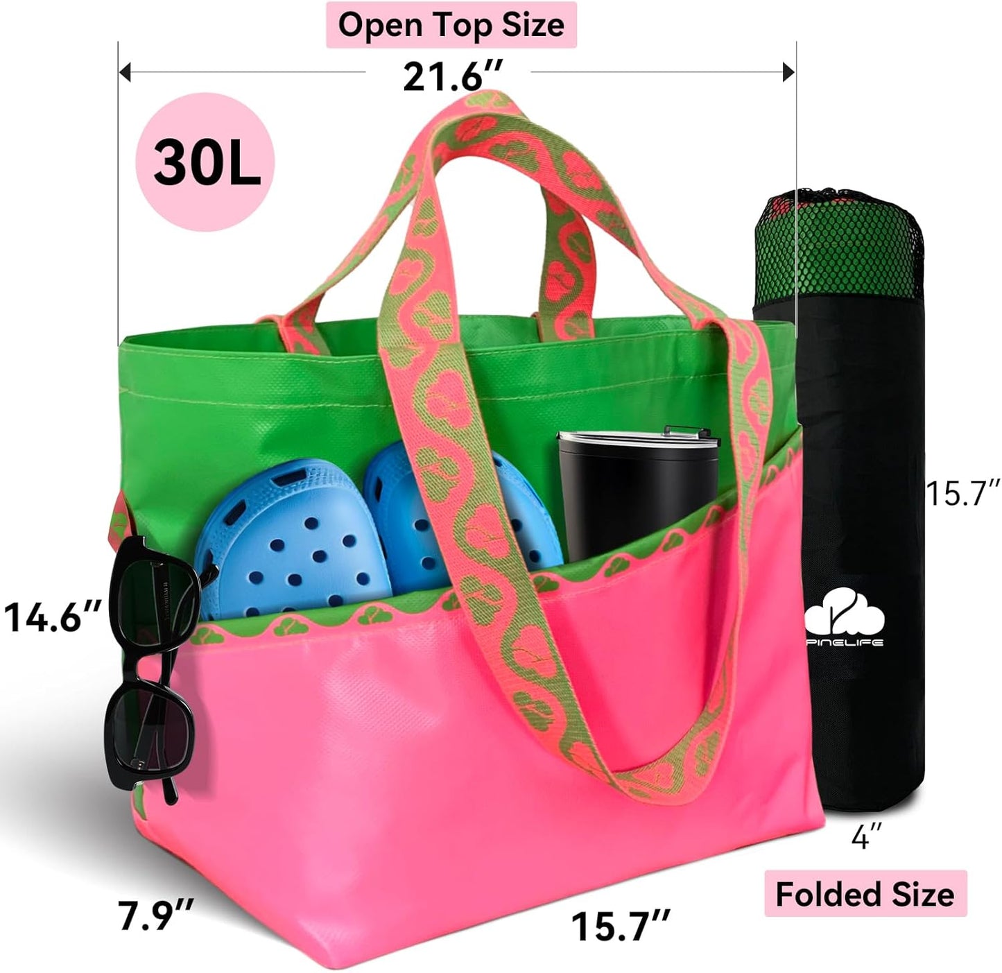 Extra Large Tote Bag Foldable Waterproof Summer Beach Bag for Women Men, Dual Handles, for Swim Gym Camping Shopping
