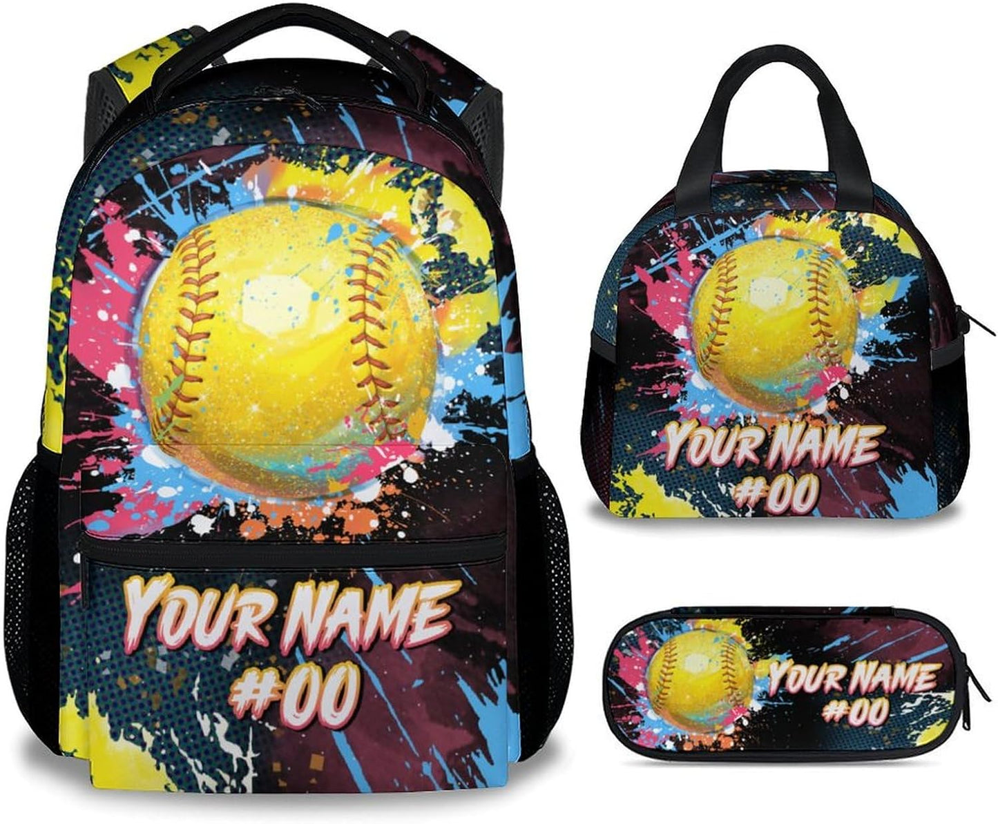 COZYAURA Custom Backpack Set - Softball Backpacks for Girls - Kids Bookbag for Elementary Middle School - Personalized School Bag with Lunch Box & Pencil Case