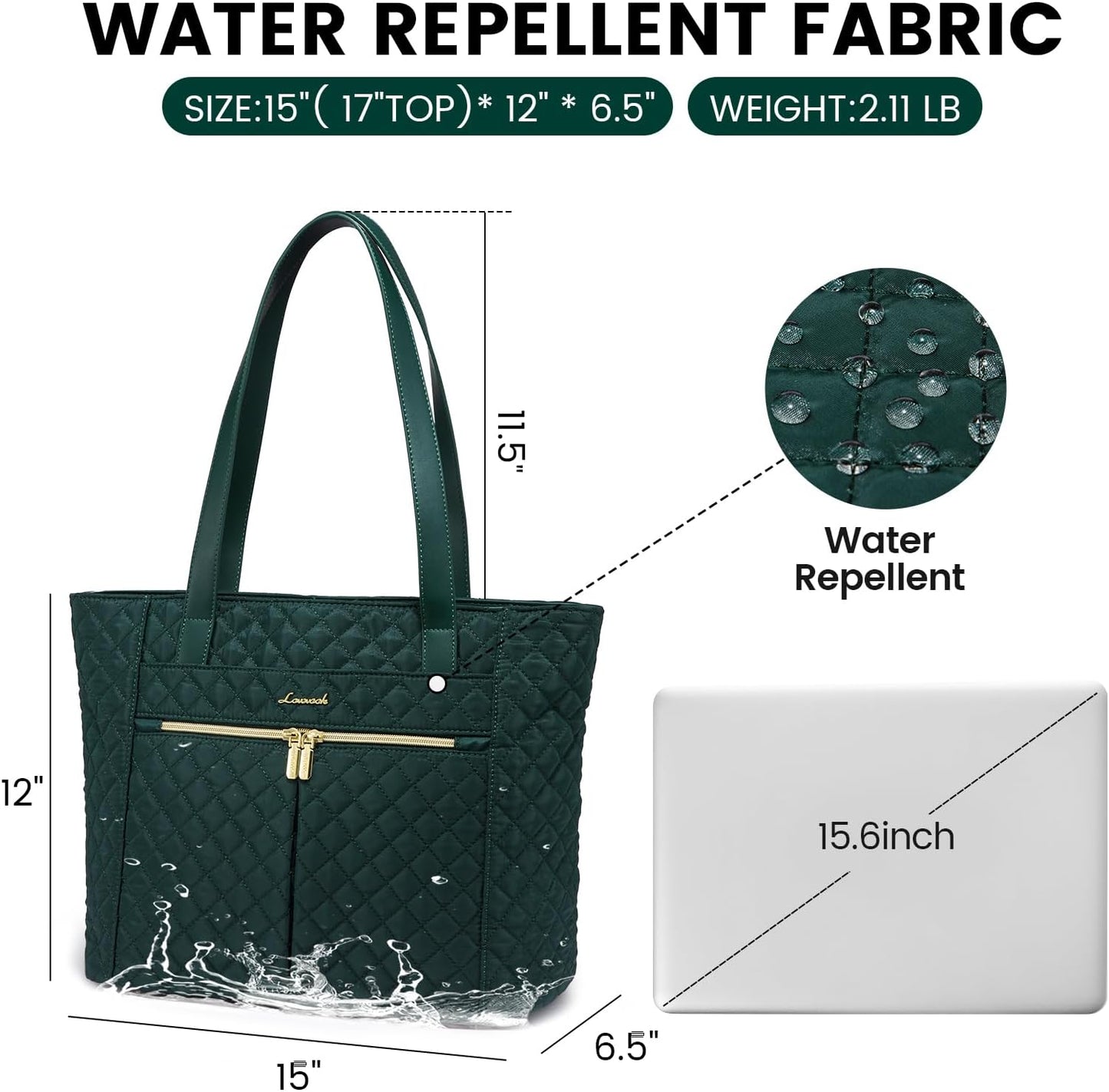 LOVEVOOK Laptop Bag for Women 15.6 inch,Diamond Quilted Work Womens Laptops Tote Bag Computer Shoulder Bags,Stylish Travel Tote Bag Laptop Purse Briefcase Handbag with Clutch Purse,Dark Green
