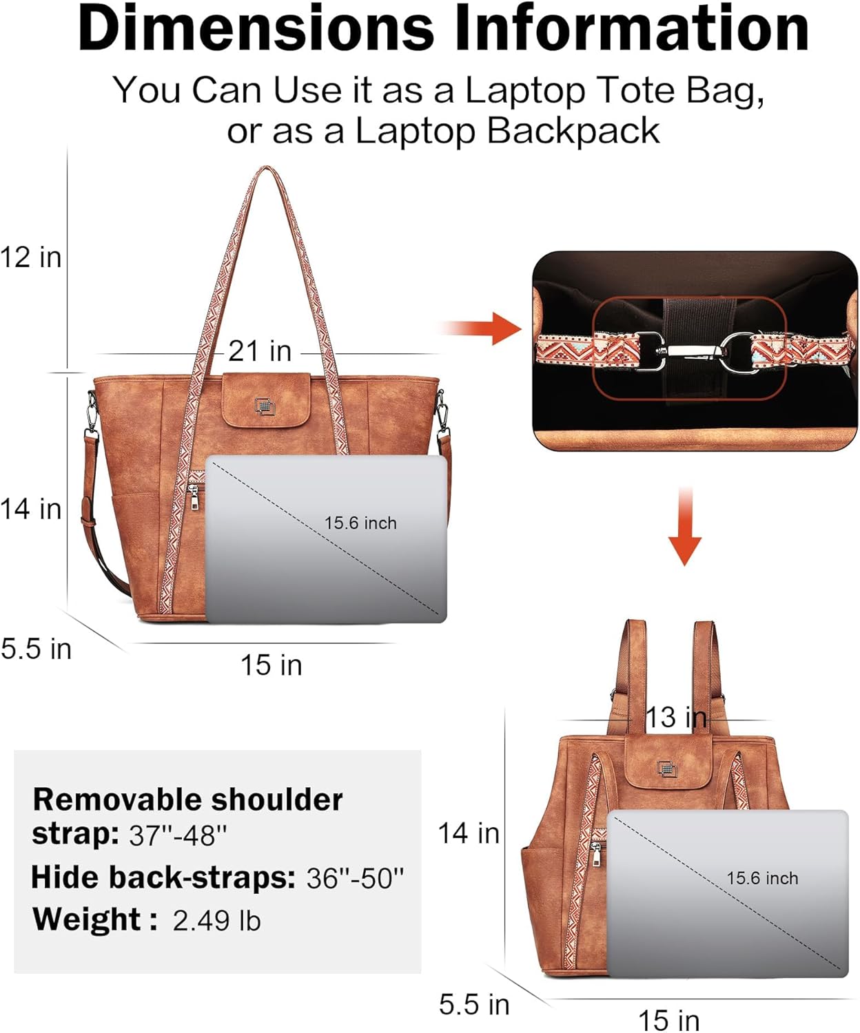 FADEON Large Laptop Tote Bag for Women Designer Leather Laptop Bag Fashion Travel Backpack Purse
