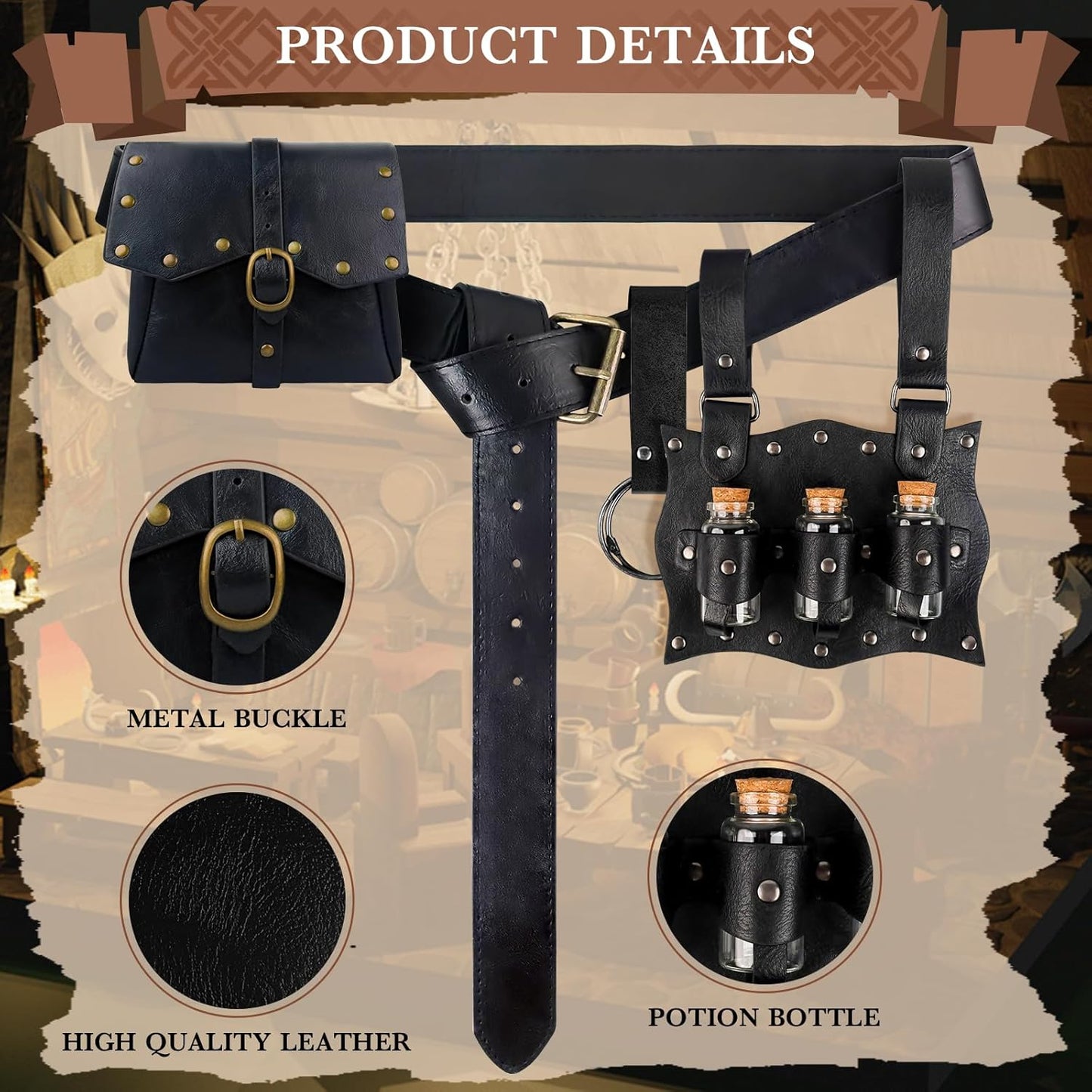 Renaissance Costume Accessories Belt Pouch Medieval Belt Bag Viking Waist Bag Potion Bottles Pirate for Cosplay Festival LARP Halloween Christmas Gifts