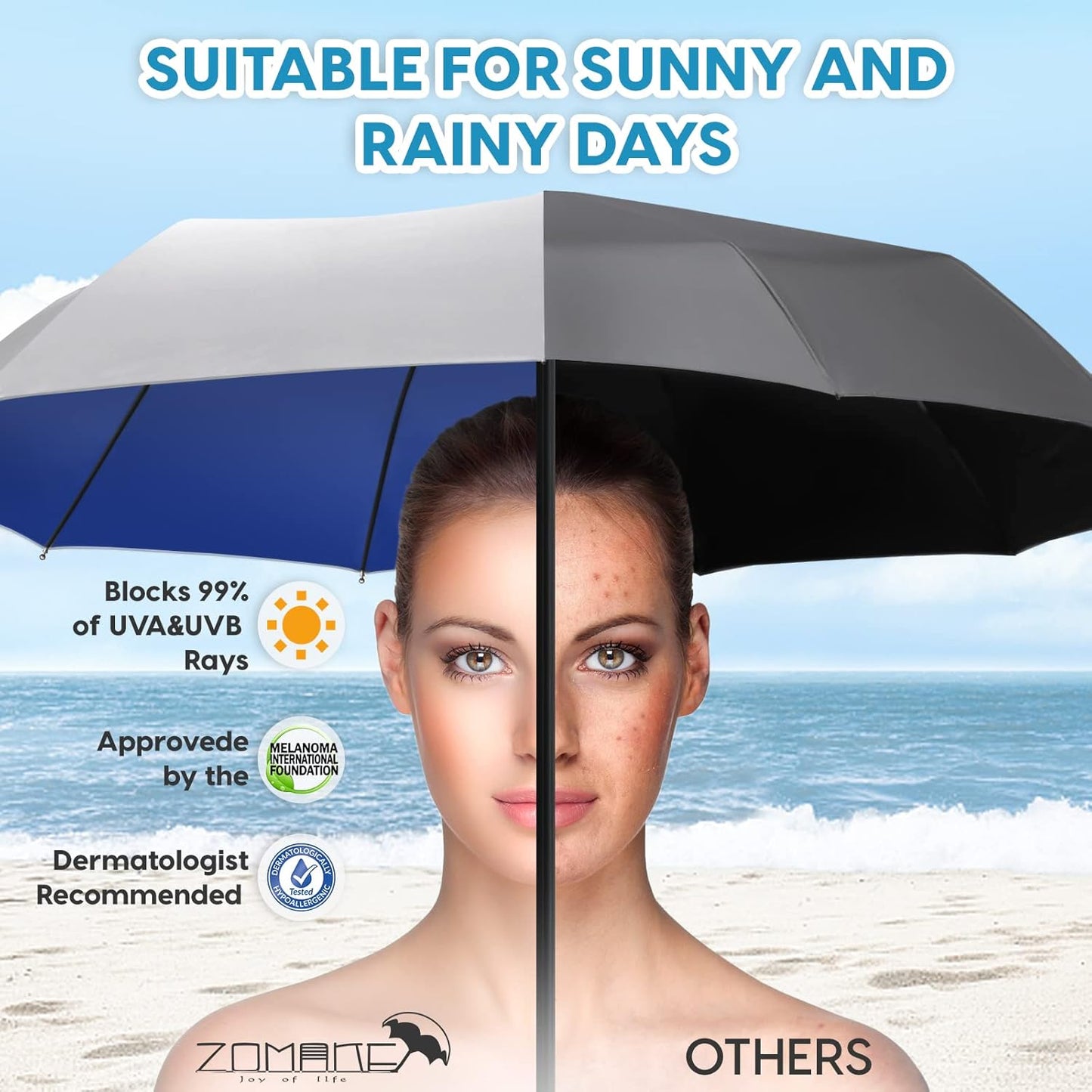 ZOMAKE UV Umbrella for Sun Protection UPF 50+,Travel Compact Sun Umbrellas UV Blocking Small Auto Open Portable for Walking