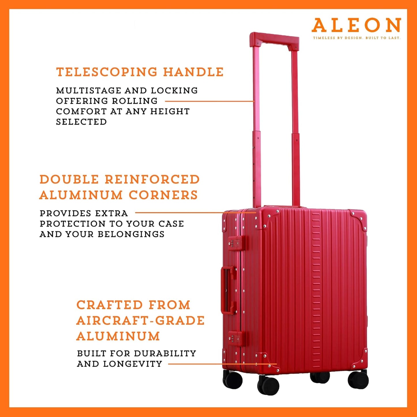 Aleon All Aluminum Lightweight Carry-On Luggage - Hardside Carry-On Suitcase, TSA Approved, Hard Shell Suitcase for Travel, Airline Approved 21 Inch Hard Spinner Wheels Luggage (Ruby)
