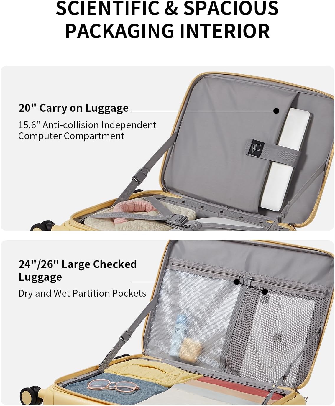 aji Expandable Top Open Carry On Luggage 22x14x9 Airline Approved, 20 Inch Hard Shell Carry On Suitcase with Spinner Wheels,Travel Small Luggage for Women Men,Cheese Yellow