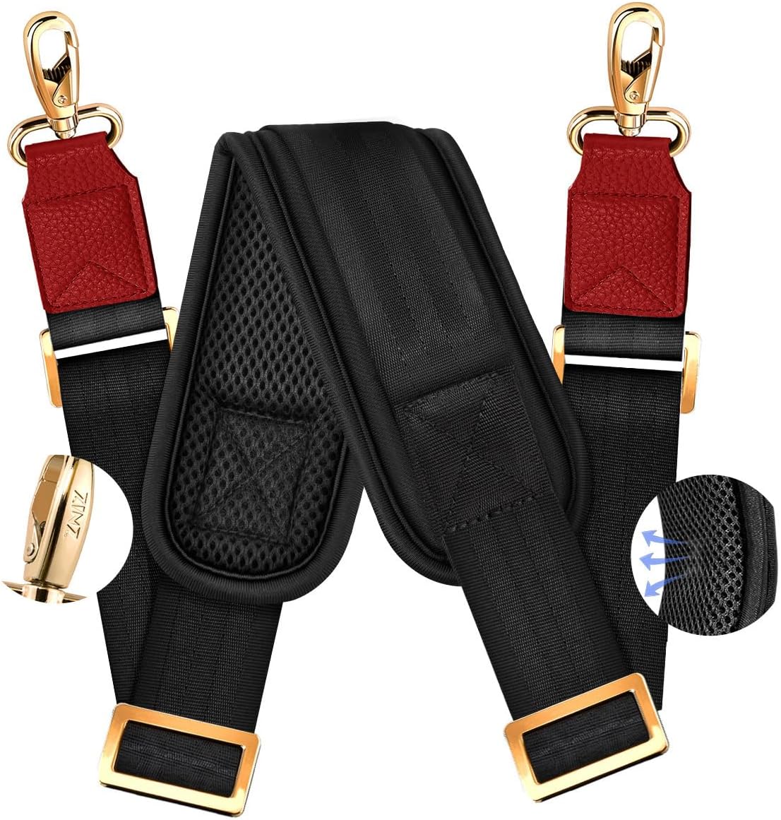 ZINZ 60" Universal Bag Strap with Ultra-thick Fixed Breathable Pad Adjustable Heavy-duty Shoulder Strap for Laptop bag Crossbody Luggage Gym Bag Camera Bag and more -Black Red