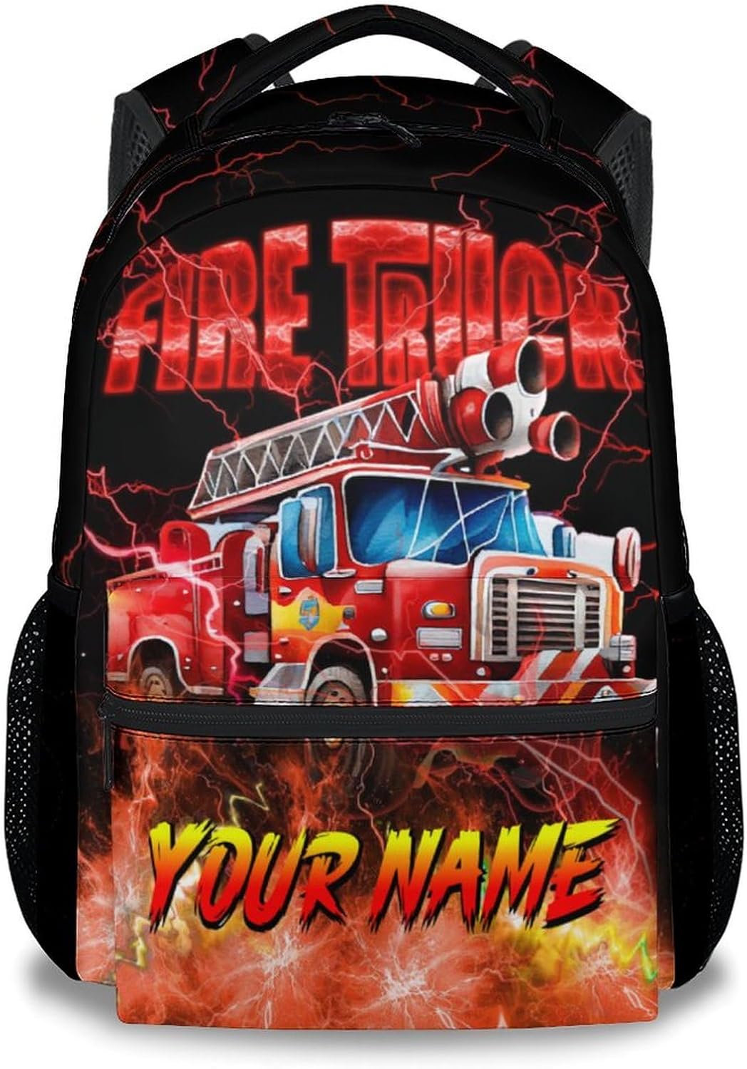Personalized Backpack for School, Custom Boys Bookbag for Ages 6-8, Fire Truck Backpack with Lightning Print, 17 Inch Preschool Book Bag