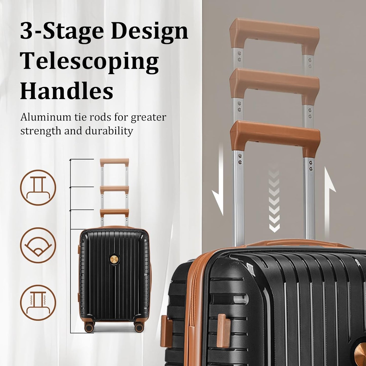 Joyway Luggage Sets 2 Piece PP Hardshell Carry on Suitcase and Checked Luggage, Travel Lightweight Suitcase Set with Double Spinner Wheels and TSA Lock (Black Brown, 20+28 inch)