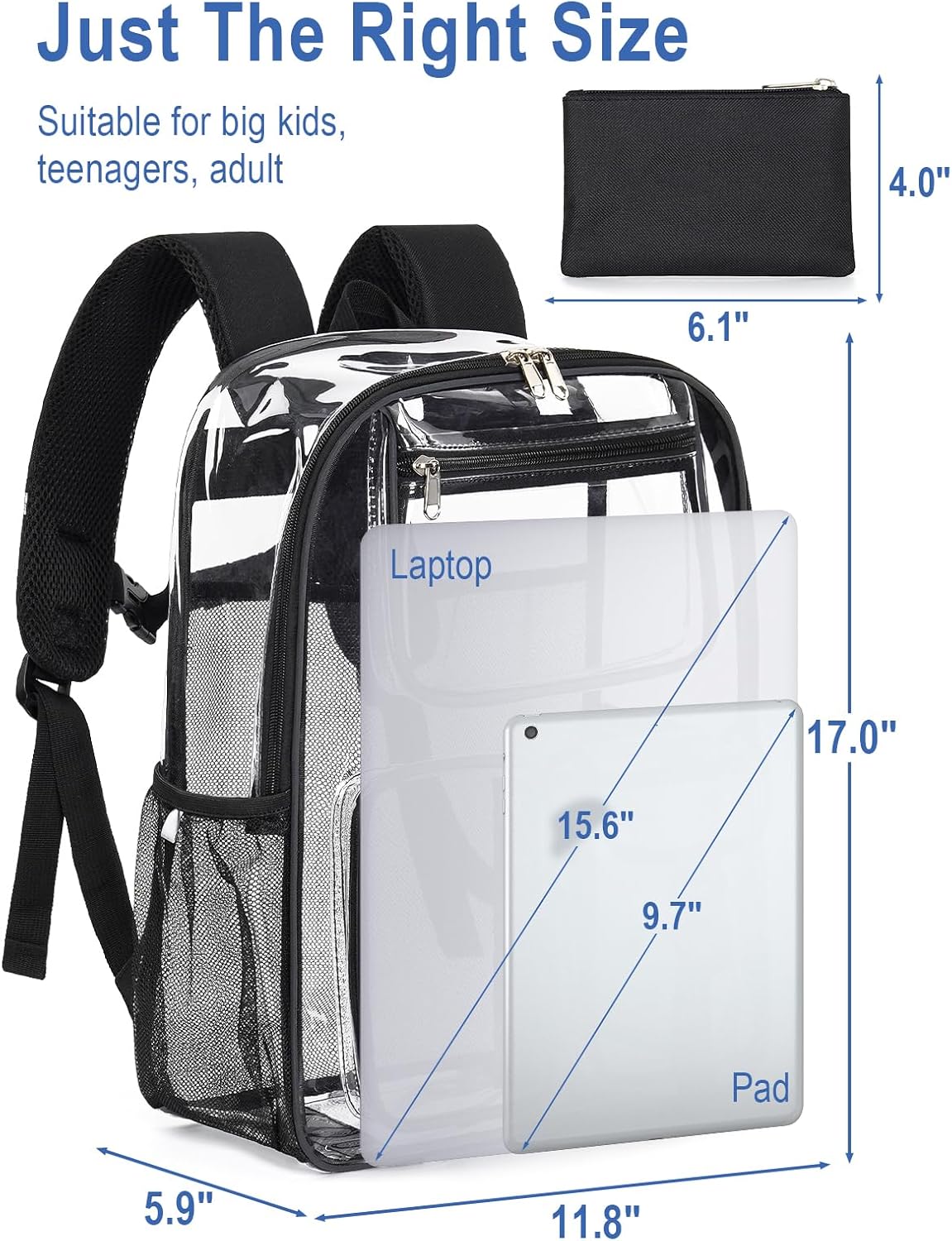 Heavy Duty Clear Backpack For School, 17 Inch Clear Bookbag For Kids Boys Girls Women Men, Large
