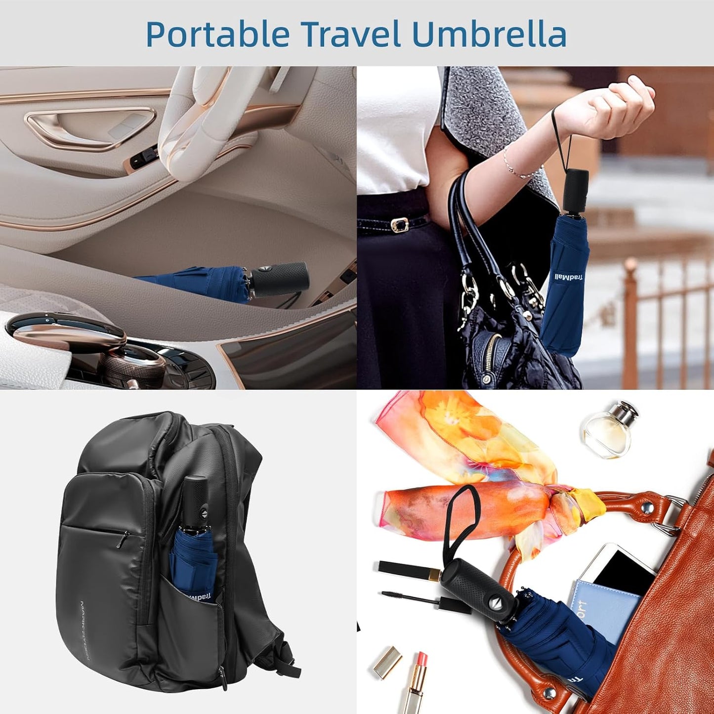 TradMall Travel Umbrella, 42/45 Inches Double Vented Canopy Windproof Automatic Strong Compact Folding Umbrellas for Rain Women and Men