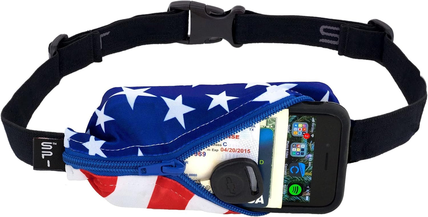 SPIbelt Running Belt for Women Men, Phone Holder for Running, Running Fanny Pack, Holder for Phone, Running Waist Pack, Adjustable Waist, [Fits All Phones]. Stars and Stripes with Blue Zipper