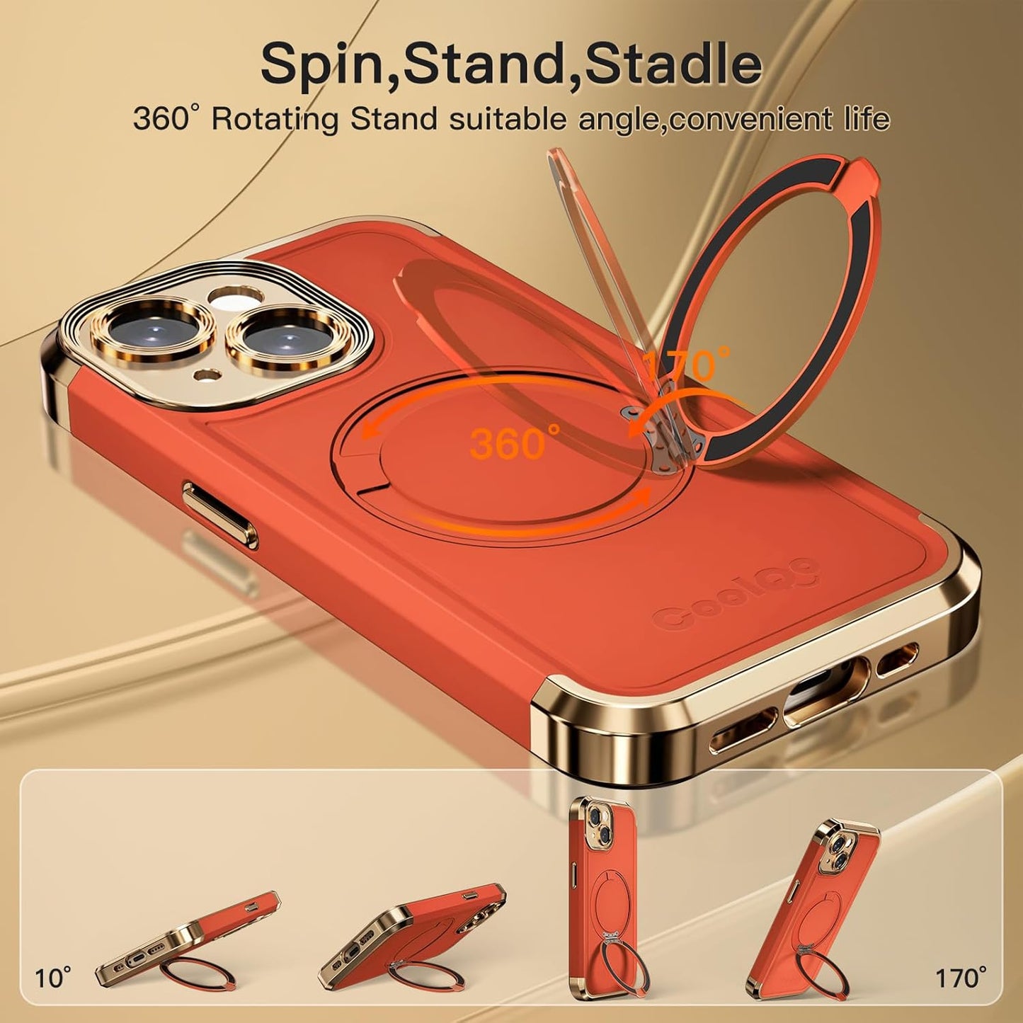 COOLQO for iPhone 15 Case 6.1'' Upgraded 360° Spin Magnetic Stand [Compatible with Magsafe][Military Protection] Plating Matte Scratch-Resistant Back Protective Shockproof Phone Case, Orange Gold