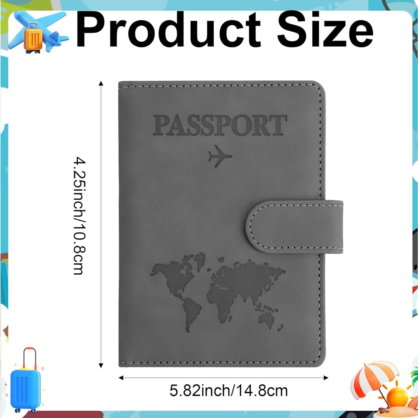 Passport Holder for Travel Essentials, Grey Leather Passport Cover, Passport Wallet Holders for Women Men Family Travel Gifts Must Have Accessories, Credit Card Cash Air Ticket Storage Supplies