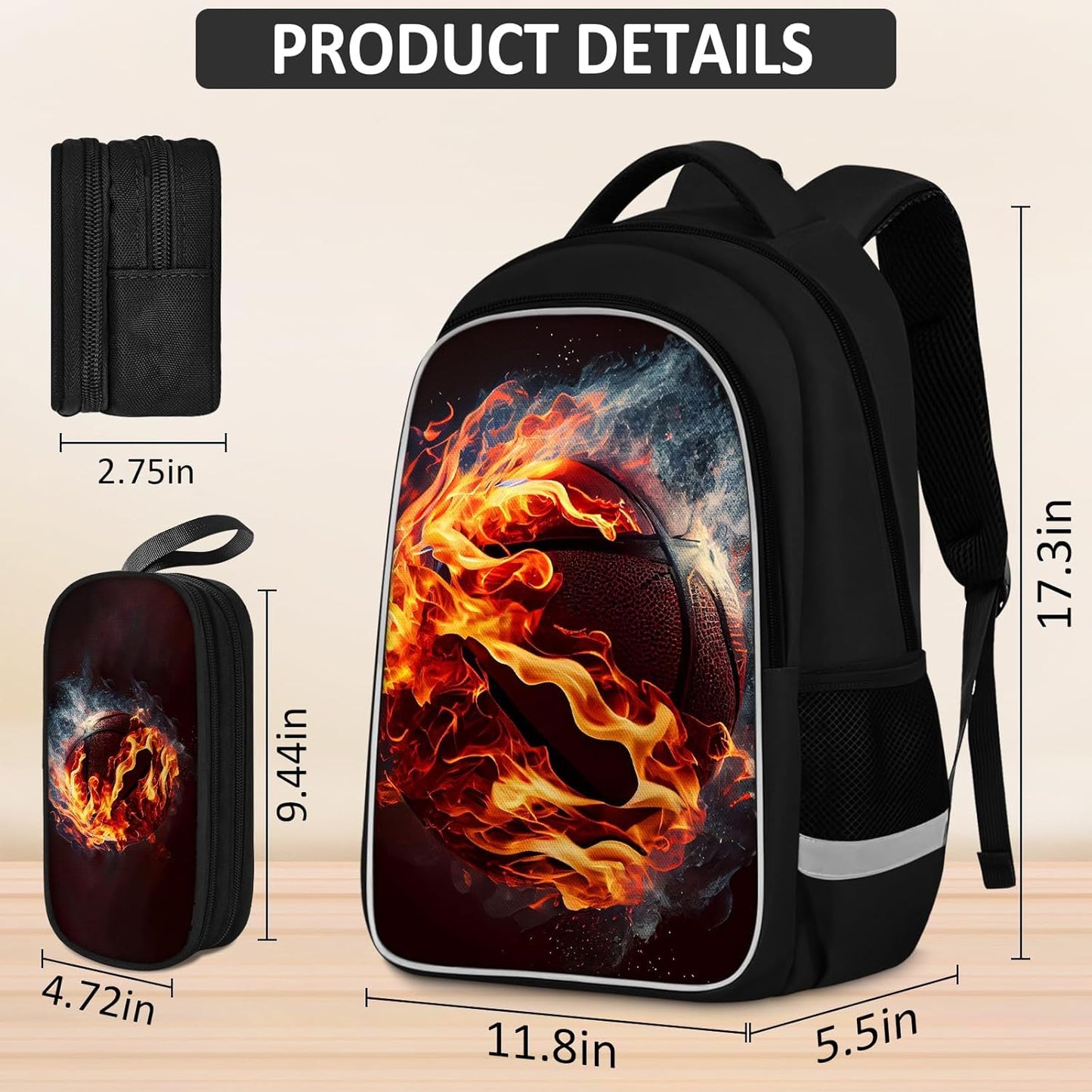 School Backpack for Boys - 4pcs Basketball Boys Backpack with Lunch Box and Pencil Case for Kids Children Teens Elementary Middle School - Students Bag for Ages 6-18,17″Bookbag Travel Back Pack