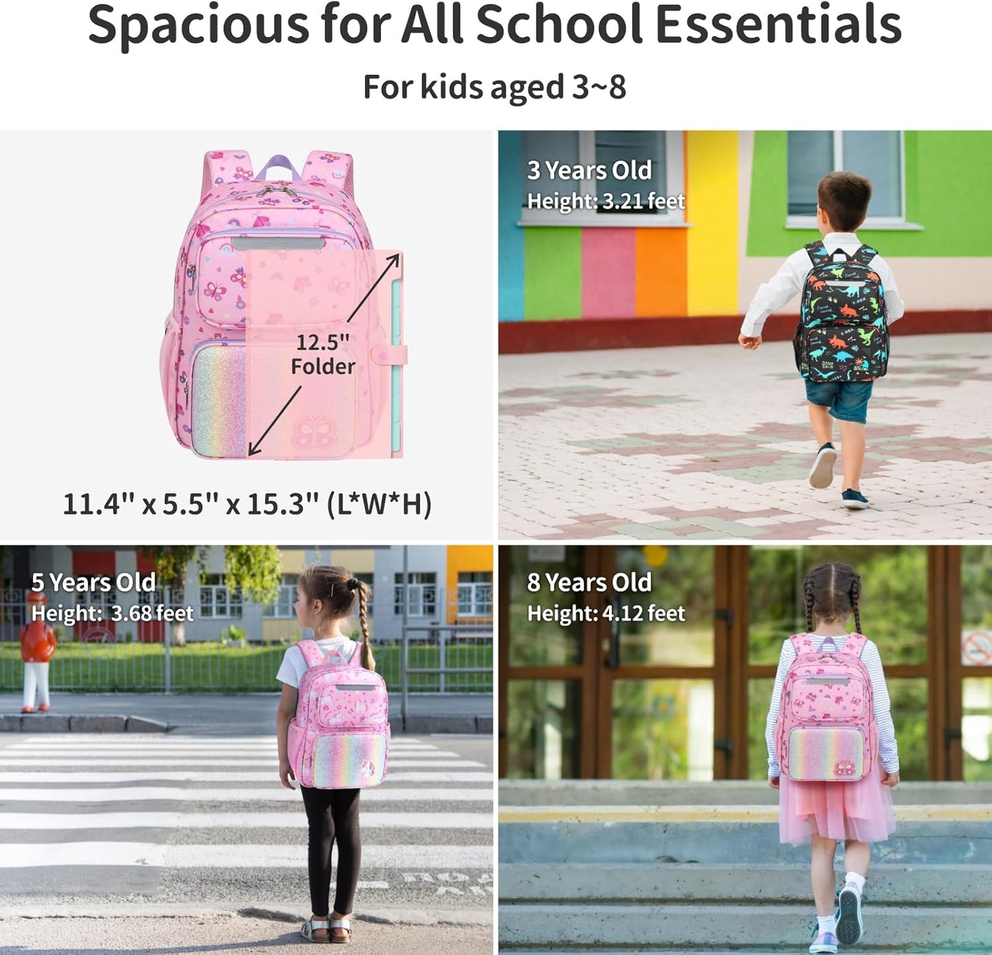 Kids Backpack for Girls - 15 Inch Backpack for Kids 3 to 8, Lightweight Bookbag for Preschool Kindergarten Elementary School, Insulated Pocket, Safe Reflective Stripe, Pink Butterfly
