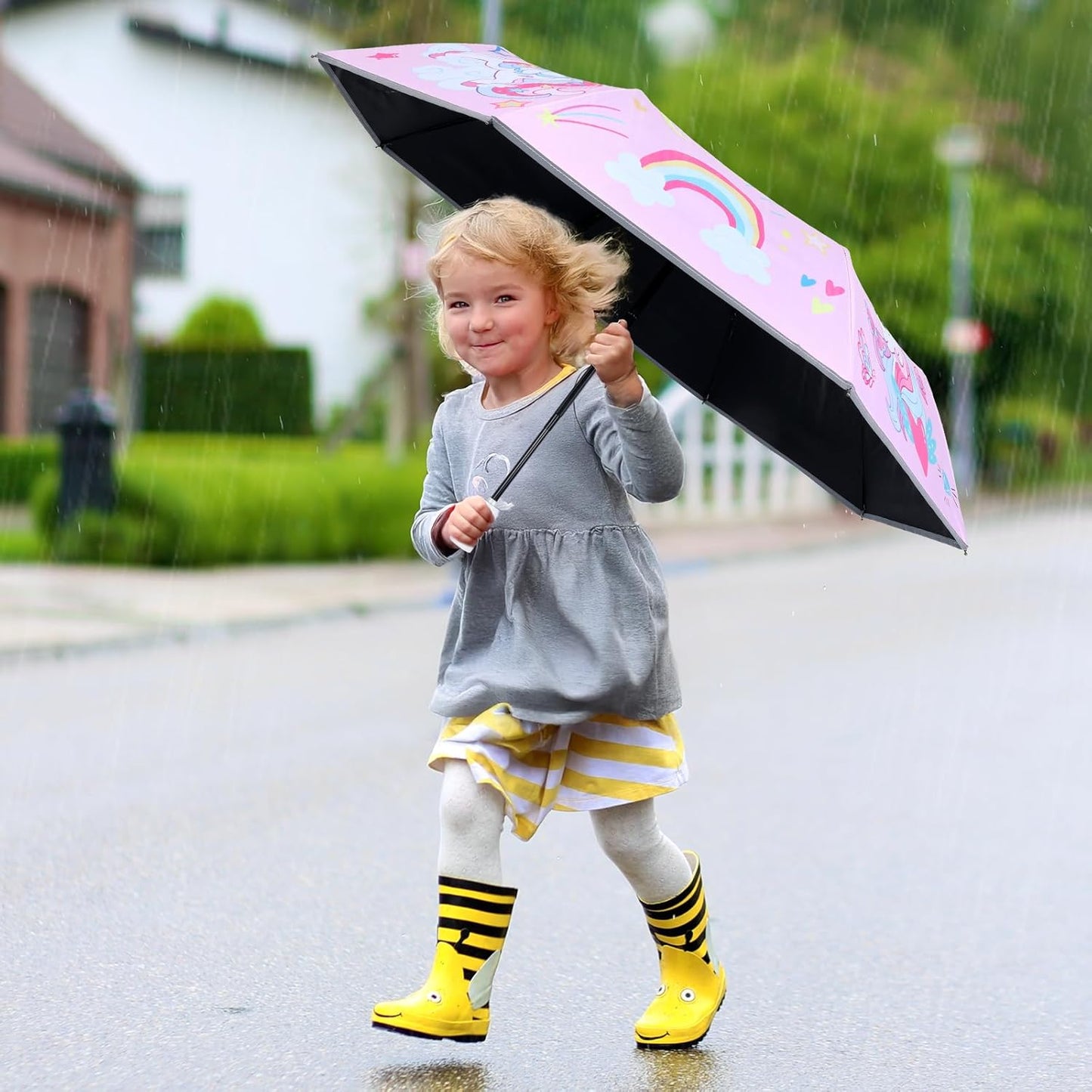 Kids Folding Umbrella Toddler Umbrella with UV Protection Portable Auto Open/Close Anti-rebound Safe Design Windproof, Compact, Lightweight Cute Umbrella for Girls & Boy