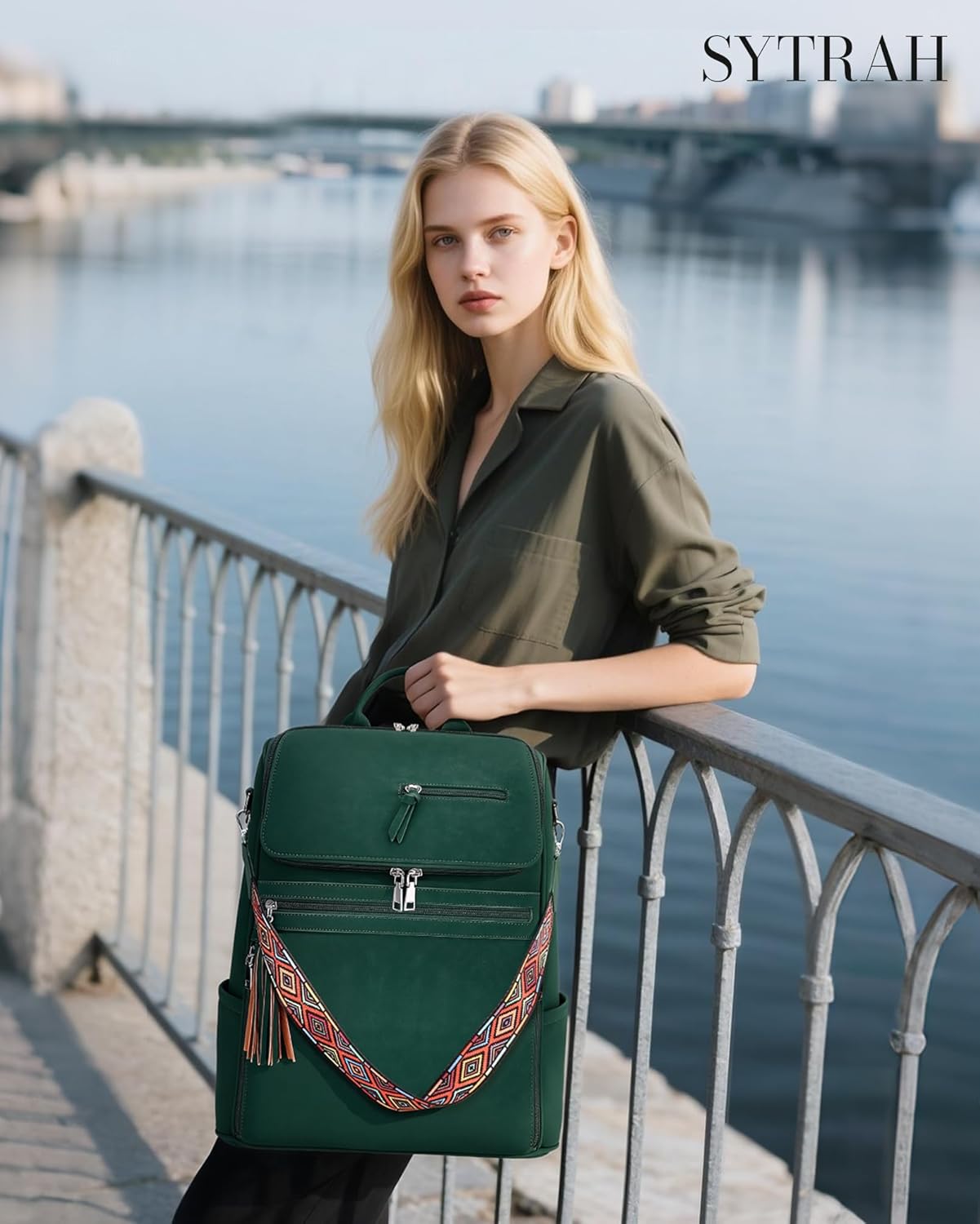 Leather Laptop Backpack for Women Designer Laptop Bag, 16.5 inch Travel Computer Backpacks Purse with Tassel for Work Business with Satchel Purse Green
