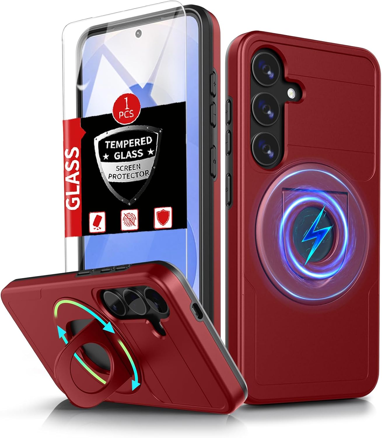 for Samsung Galaxy S25 Plus Case Magnetic Compatible with MagSafe Wireless Charging,with Screen Protector,for S25+Plus Case with Stand Ring Anti-Scratch Shockproof Heavy Duty Protection Red