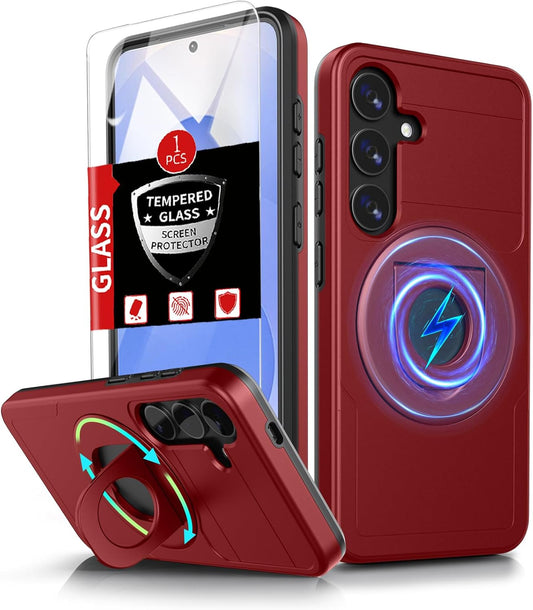 for Samsung Galaxy S25 Plus Case Magnetic Compatible with MagSafe Wireless Charging,with Screen Protector,for S25+Plus Case with Stand Ring Anti-Scratch Shockproof Heavy Duty Protection Red