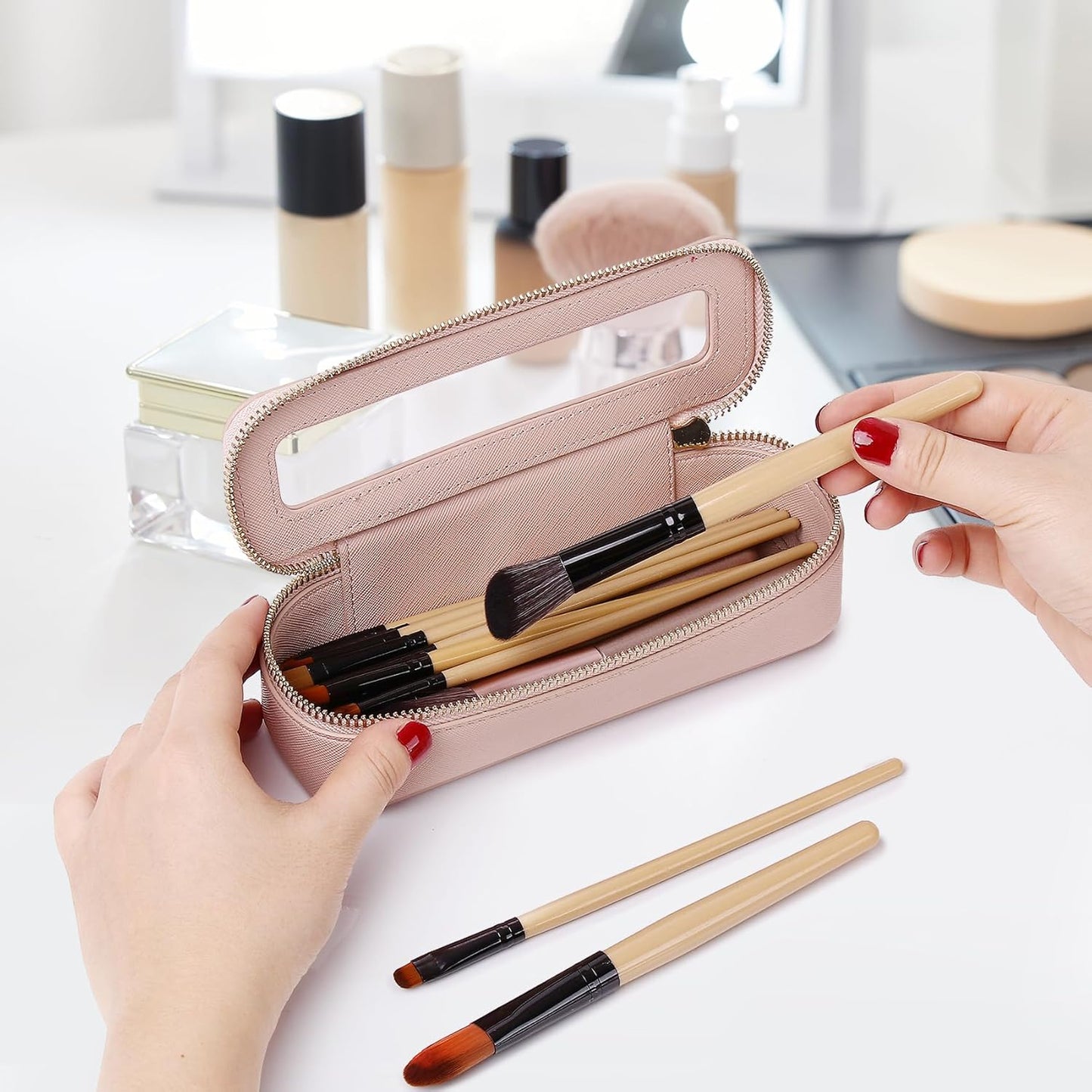 Travel Makeup Set Waterproof Transparent Cosmetic Bag and Toiletry Bag Makeup Brush case with Zipper Car Essentials for Women (Pink, L+M+SLIM)