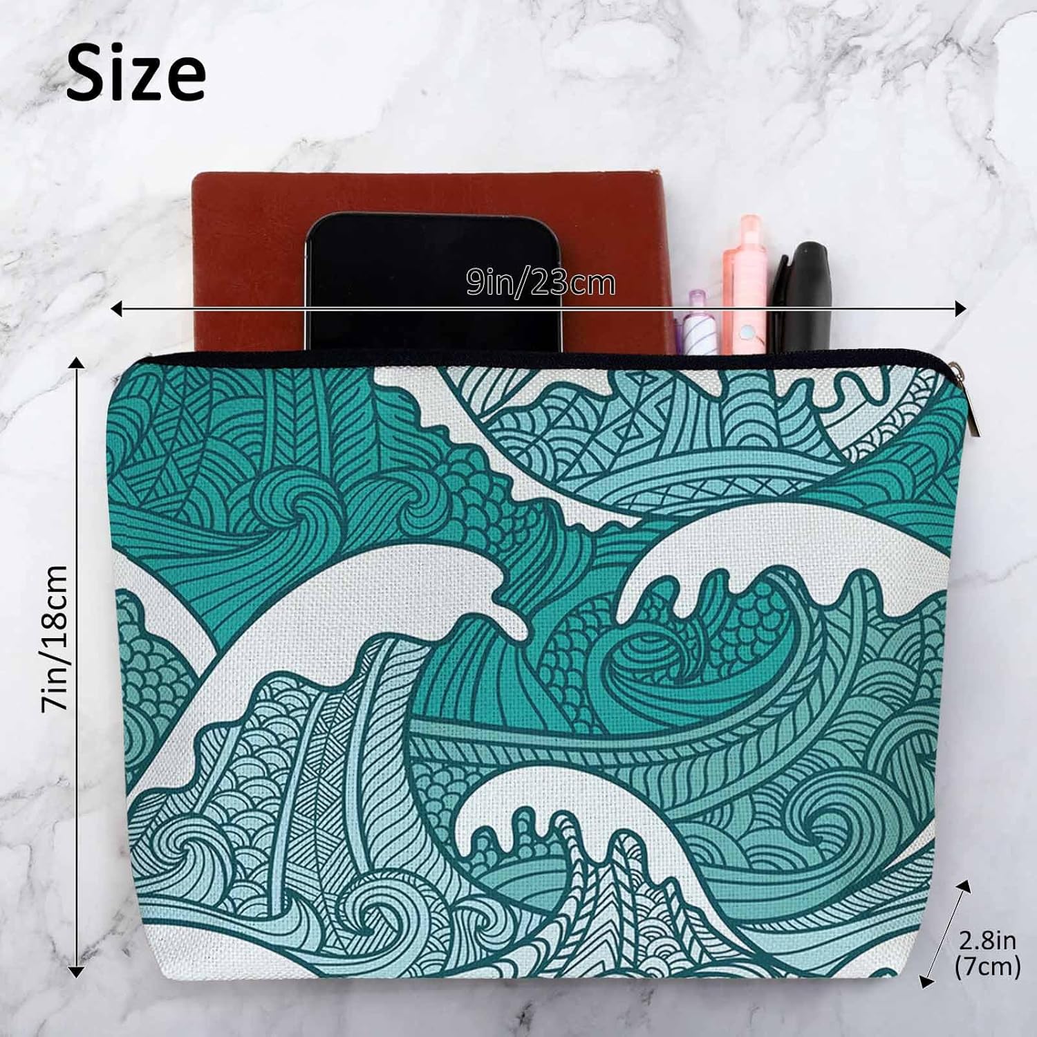 Women Makeup Organizer Bag Ocean Waves, Japanese Great Wave Ocean Sea Waves Flax Cosmetic Bag