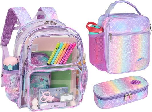Bagseri 3pcs Clear Backpack for Girls - 15 Inch Backpack and Lunch Bag and Pencil Case Set, Heavy Duty Transparent Bookbag for School, See Through Bag for Kids Aged 3 to 8, Purple Mermaid