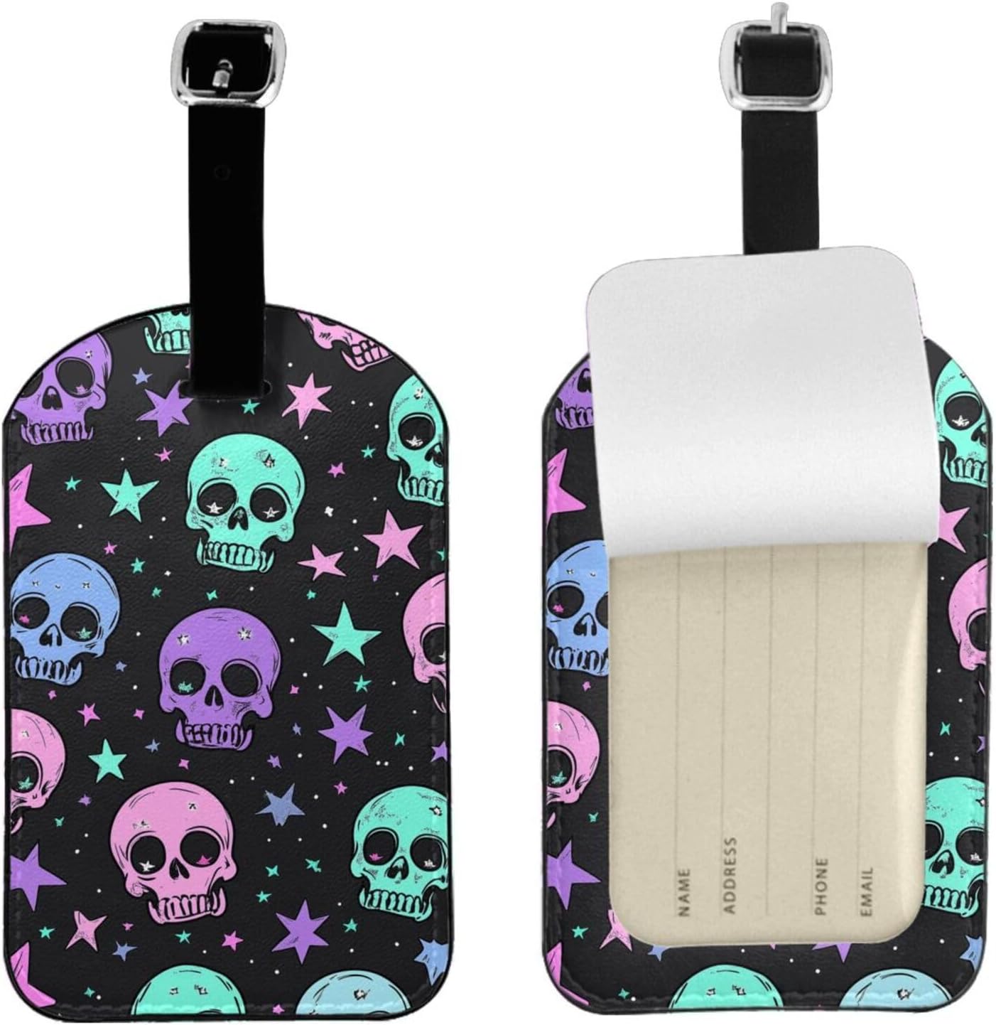 Skull Star Neon Luggage Tag Leather Suitcase Tags Cute Luggage Identifiers for Suitcases Privacy Cover Travel Name Tag for Kids Adult