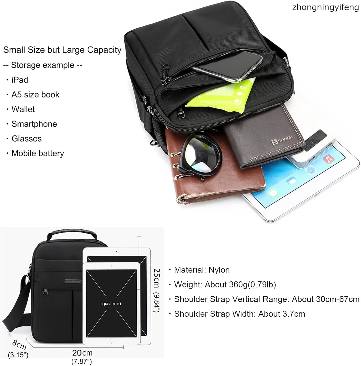 zhongningyifeng Men's Messenger Bag Small Nylon Crossbody Shoulder Bag Waterproof Casual Black Purse for Work Travel