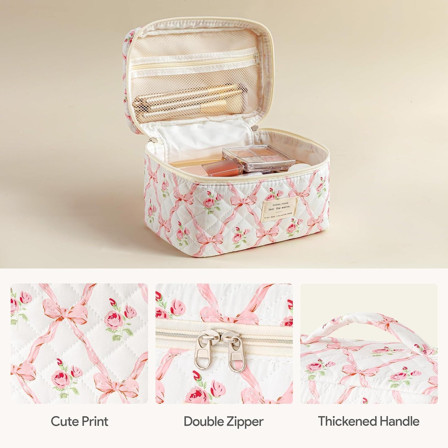 HBselect Quilted Makeup Bag, 3PCS Cotton Large Travel Makeup Bag, Cute Floral Coquette Make up Bag Cosmetic Bag Toiletry Bag for Women Girls