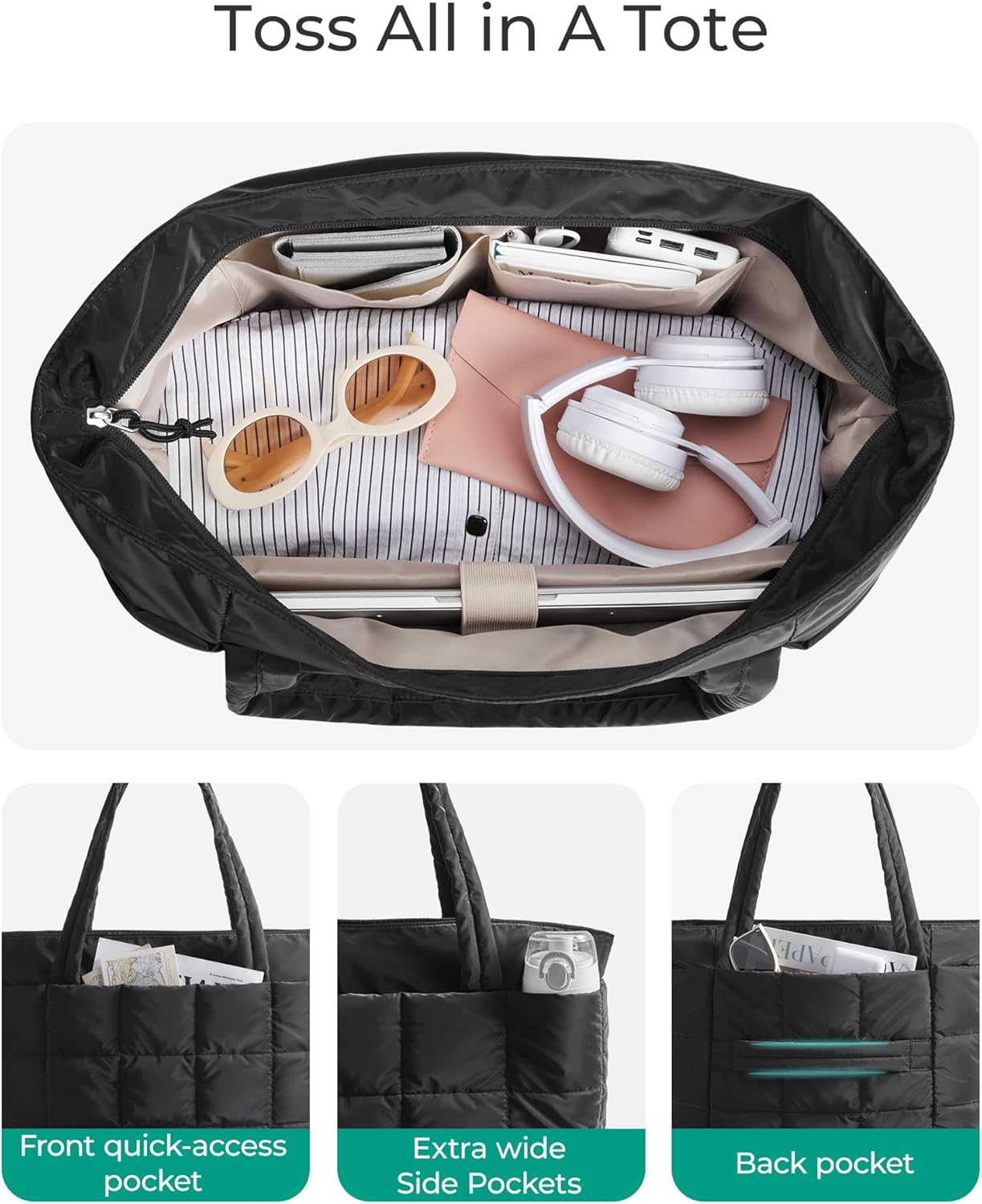BAGSMART Expandable Tote Bag for Women, Puffer Work Tote Handbag, Quilted Carry-On Travel Gym Bag