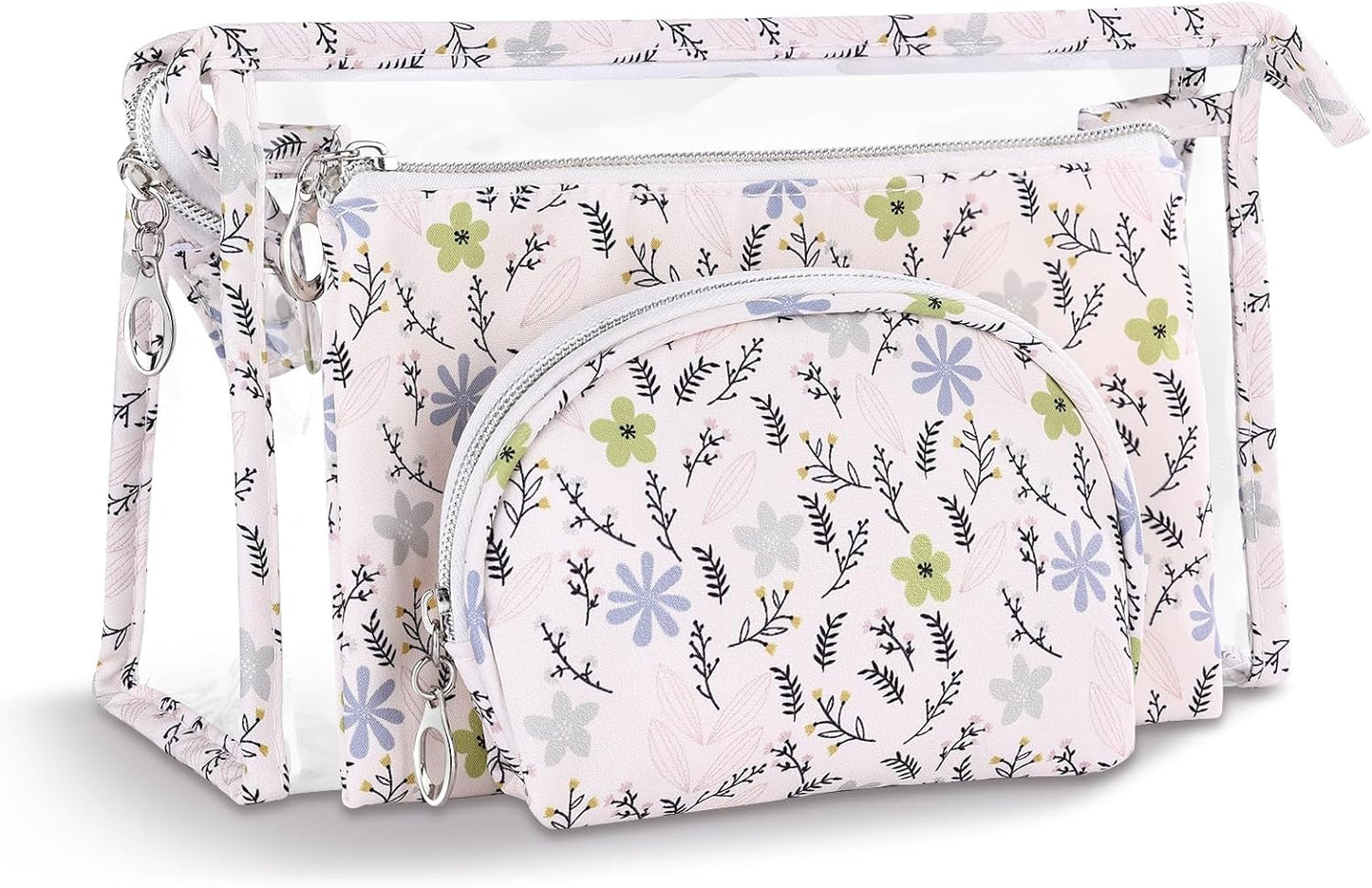 Richeart Makeup Bag, Clear Bag with Zipper, 3PC Floral Flowers Makeup Pouch, Waterproof Small Pouch, Portable Travel Toiletry Bag, D