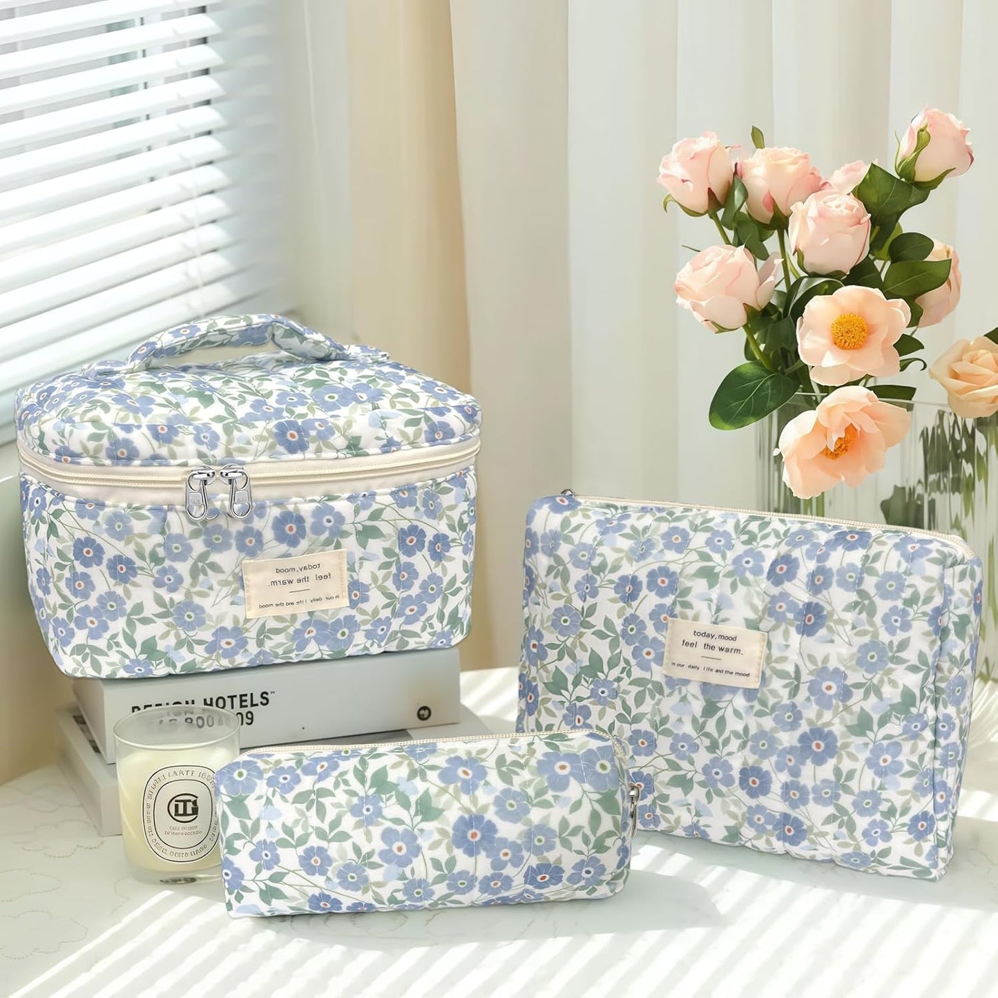 Quilted Makeup Bag, Large Capacity Travel Cosmetic Bag for Women and Girls, Aesthetic Storage for Daily and Travel Use (3pcs-ditsyfloral)