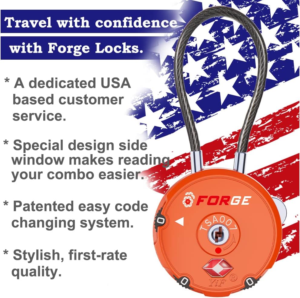Forge Quality TSA Approved Luggage Locks for Travel Accessories, Suitcase, Pelican case, Set Your own Combination, Zinc Alloy Body-Cable Locks Orange 2 Locks