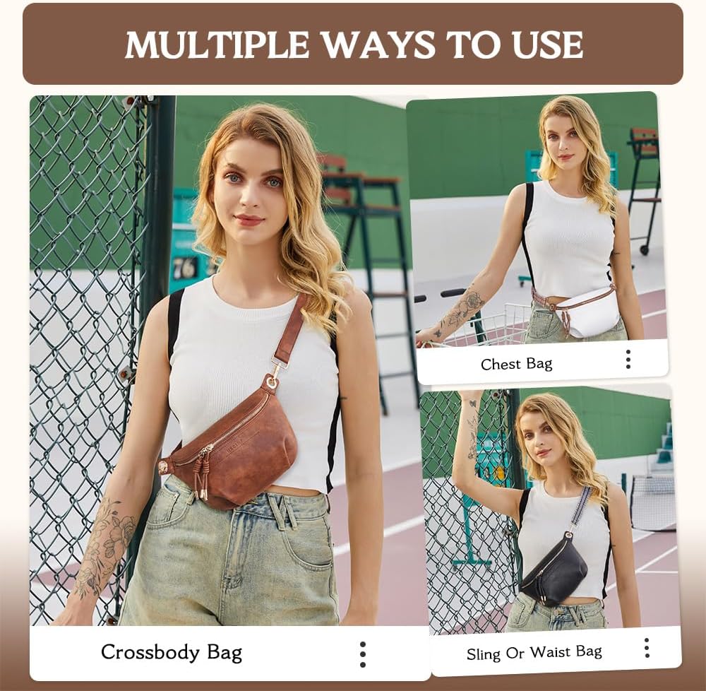 HKCLUF Fanny Pack Crossbody Bags for Women Pu Leather Belt Bag Waist Pack Causal Chest Bum Bag With 2 Straps