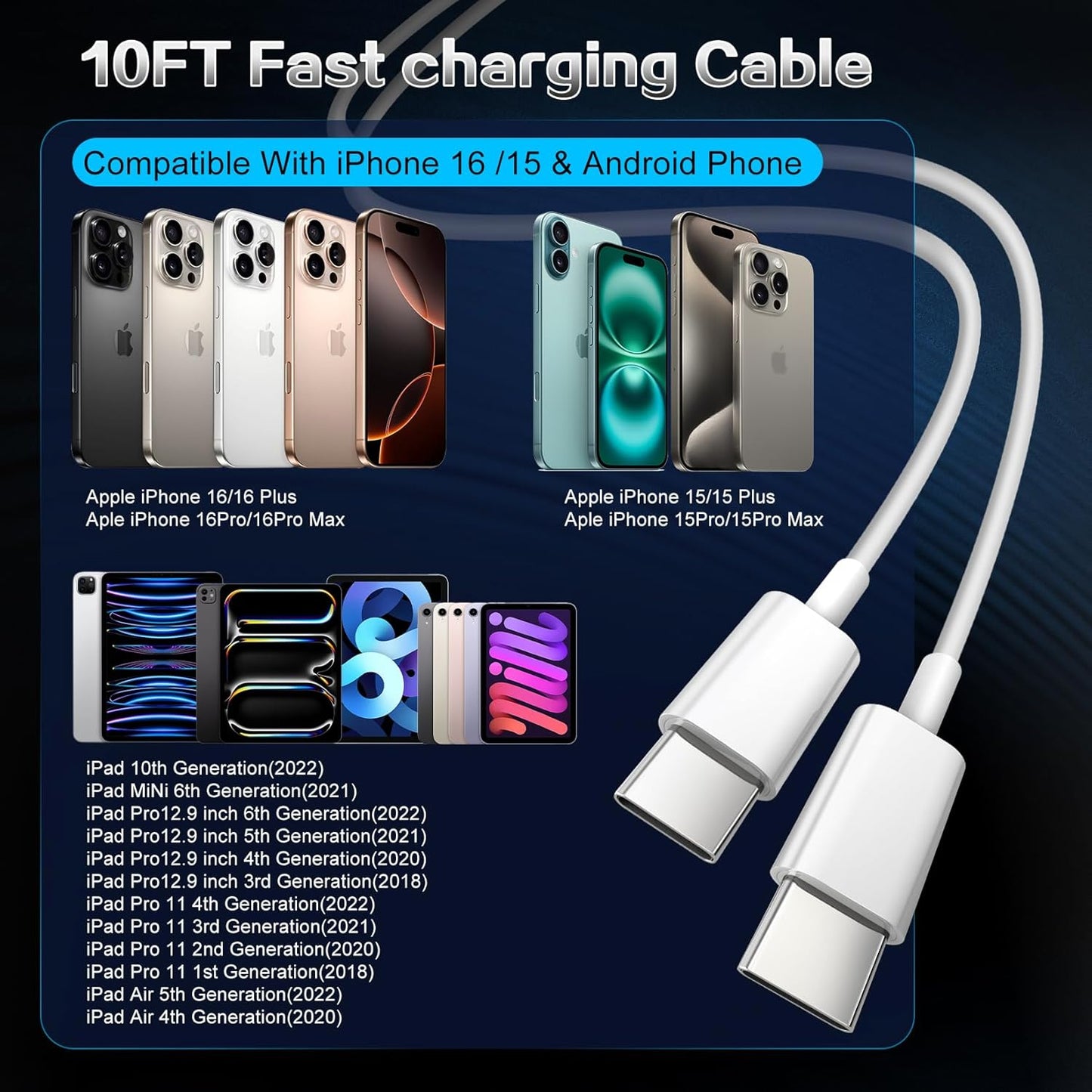 iPhone 17 16 Charger 45W Type C Charger Fast Charging Block,2Pack Quick USB C Phone Chargers 10FT Long USB C Charging Cable for iPhone 17/17 Pro/17 Pro Max/17 Air/16 Pro/16 Pro Max/16e/15/15 Pro Max
