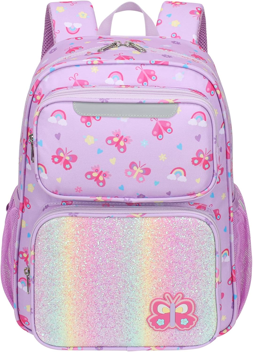 Kids Backpack for Girls - 15 Inch Backpack for Kids 3 to 8, Lightweight Bookbag for Preschool Kindergarten Elementary School, Insulated Pocket, Safe Reflective Stripe, Purple Butterfly