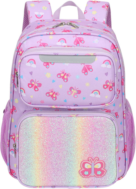 Kids Backpack for Girls - 15 Inch Backpack for Kids 3 to 8, Lightweight Bookbag for Preschool Kindergarten Elementary School, Insulated Pocket, Safe Reflective Stripe, Purple Butterfly