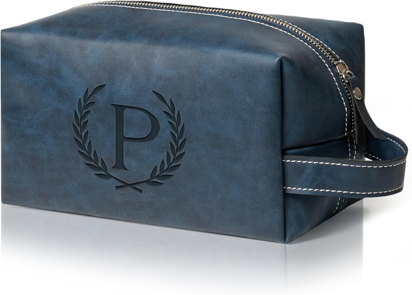 Personalized Gifts Travel Toiletry Bag for Men Engraved Initial PU Leather Waterproof Shaving Bag for Toiletries Accessories Fathers Day Birthday Gift for Men Dad Husband Son, Dark Blue P
