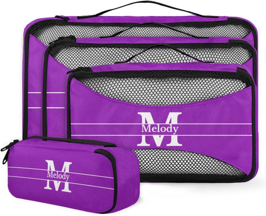 Personalized Packing Cubes, Set of 4 with Zipper Handles, Custom Name Initial Letter Travel Suitcases Luggage Packing Organizers, Initial Letter