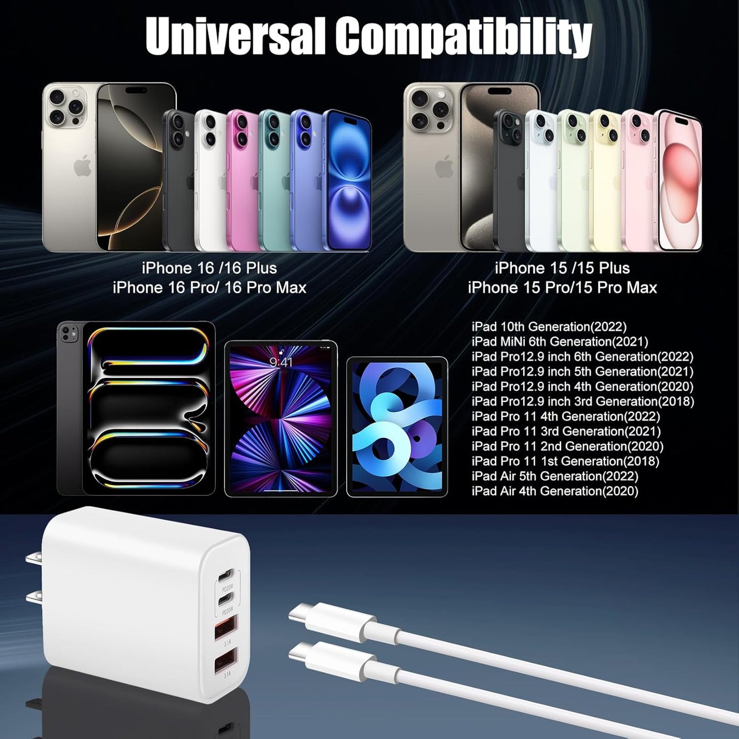 USB Type C Charger for iPhone 17 16 Pro,40W Multiport Type C Charger Fast Charging,2Pack 4Port USB C Wall Charger 10FT USBC Chargers Cord for iPhone 17/17 Pro/17 Air/16 ProMax/16e/15/15 ProMax/15 Plus