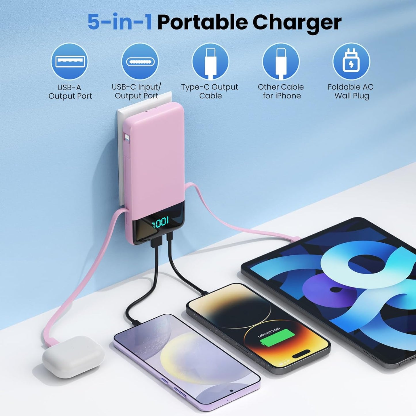 YHO Portable Charger 13800mAh for iPhone with Built-in Cables & AC Wall Plug,5-in-1 USB-C Power Bank,LCD Display External Battery Pack Phone Charger Compatible with iPhone 16/15/14,Android (Pink)