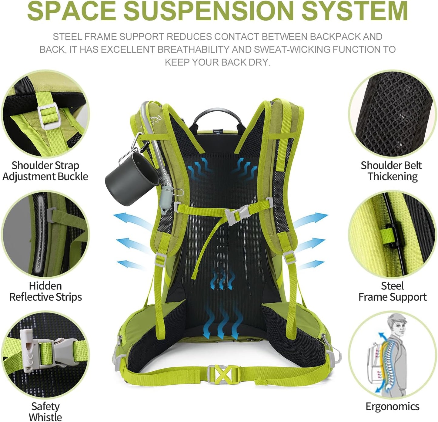 Hiking Backpack, Waterproof Hiking Daypack with 3L Water Bladder and Rain Cover, Lightweight Travel Camping Backpack for Men Women (Fruit green)